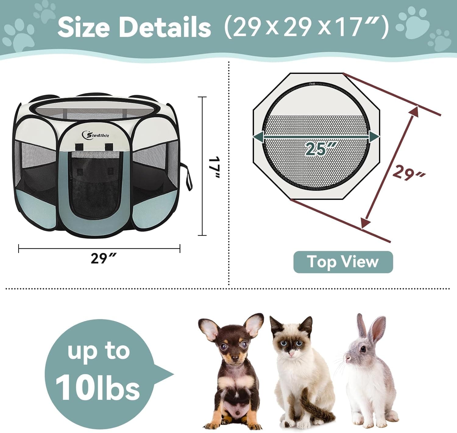 Dog Cat Playpen, Puppy Pet Playpen Indoor for Small Dogs Tent Crates Cage Outdoor, Portable Pop Up Dog Kennel Playpen with Carrying Case for Dogs/Cats/Rabbits, Removable Zipper Top, Grey Grey Small (29" x 29" x 17") - Image 4