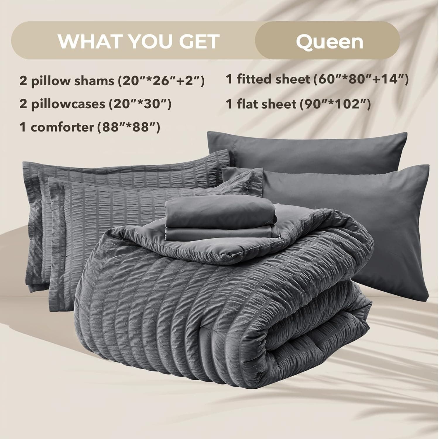 HYMOKEGE Queen Comforter Set Seersucker 7 Pieces, All Season Luxury Bed in a Bag for Bedroom, Bedding Set with Comforters, Sheets, Pillowcases & Shams, Dark Grey Queen(88"x 88") Dark Grey - Image 6