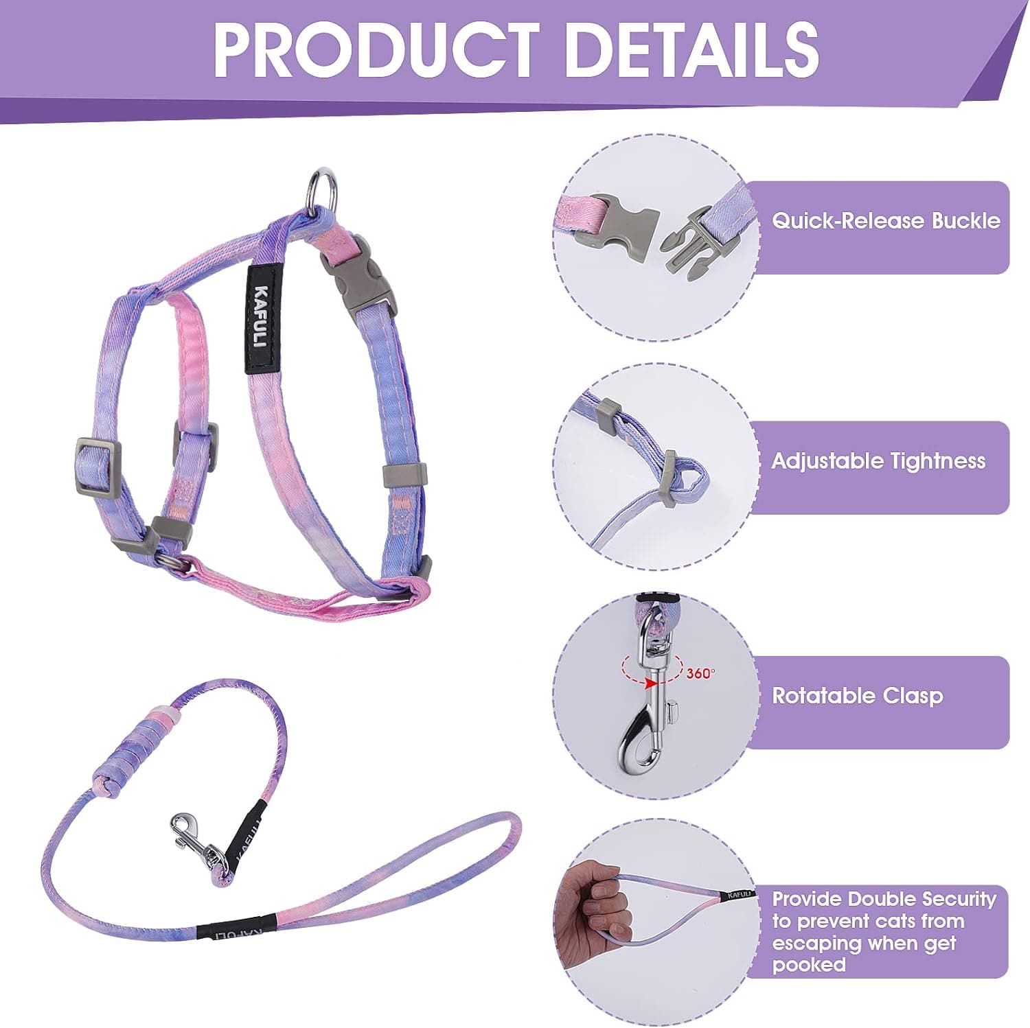 TIESOME Cat Harness and Leash Set, Adjustable Gradient Kitten Harness Escape Proof Harness with Leash for Kitty Outdoor Walking (Gradient Purple) - Image 5