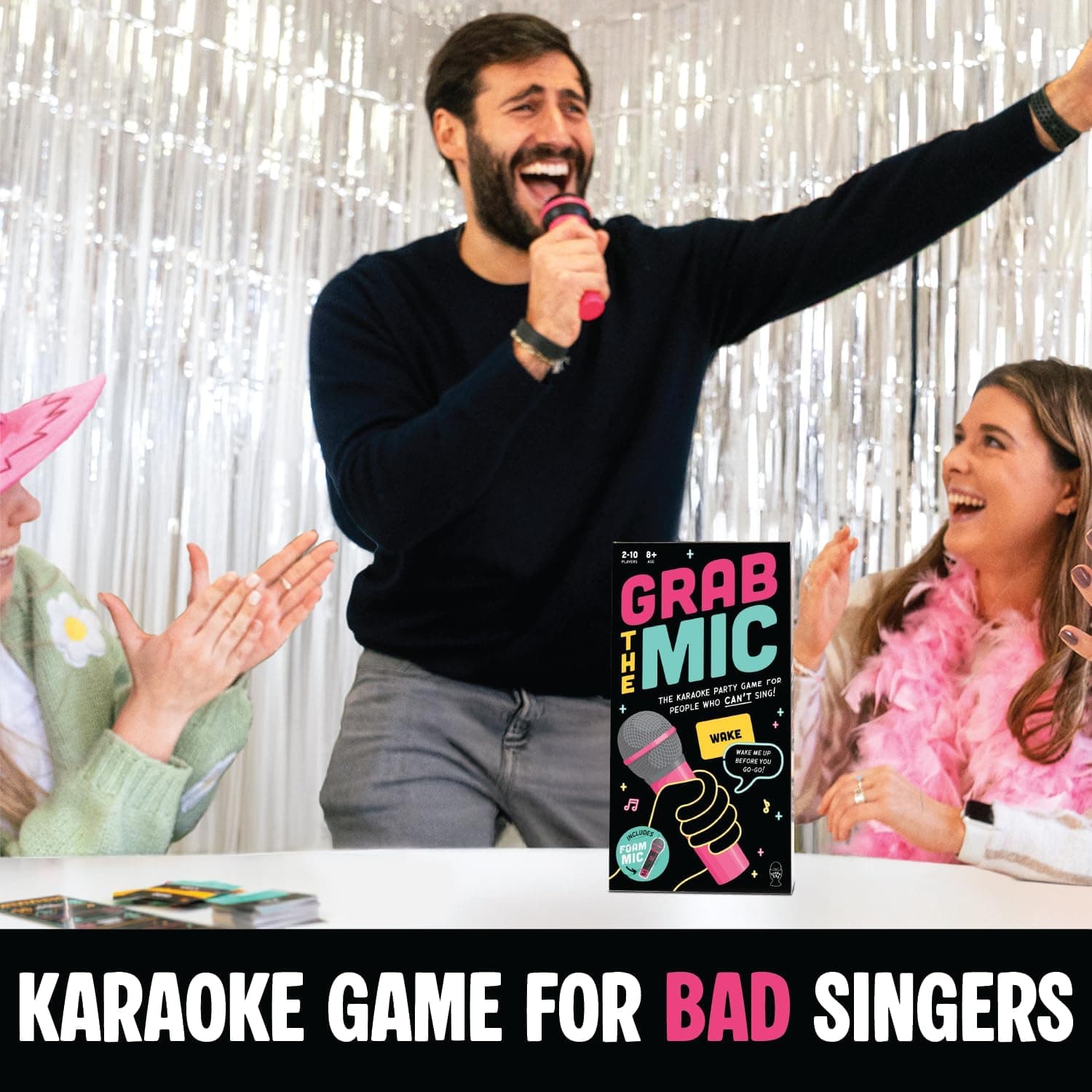 Lucky Egg Official Grab The Mic – Family Karaoke Board Game w/Foam Mic, 8+ Ages, 2-10 Players - Games for Bad Singers w/ 240 Lyrics (120 Cards) (First Edition) - Image 3