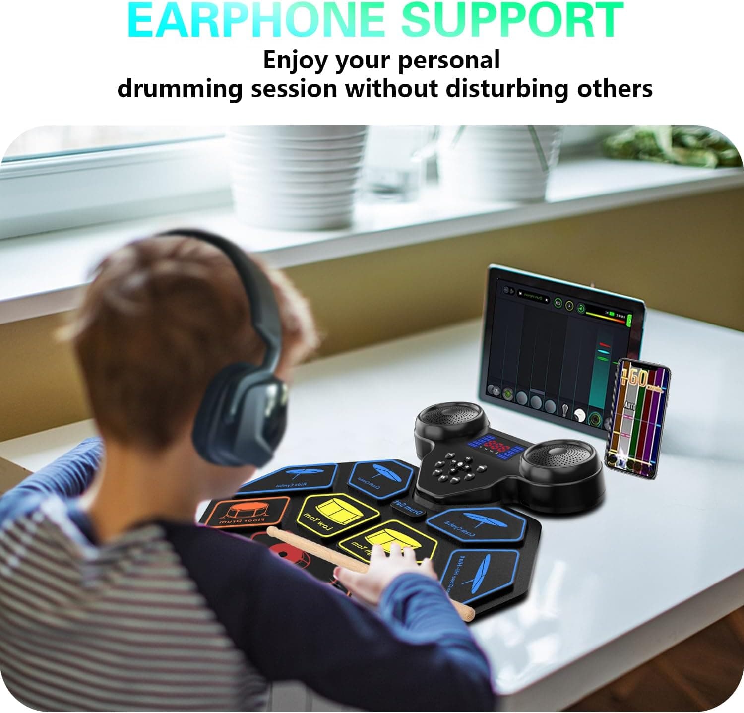 Electronic Drum Set - YUOIOYU Electric Drum Set Roll Up Portable Drum Kit MIDI Practice Drum Pad with Dual Built-in Speaker, Drum Sticks and Pedals, Christmas Birthday Gift for Kids Adult Colorful - Image 4