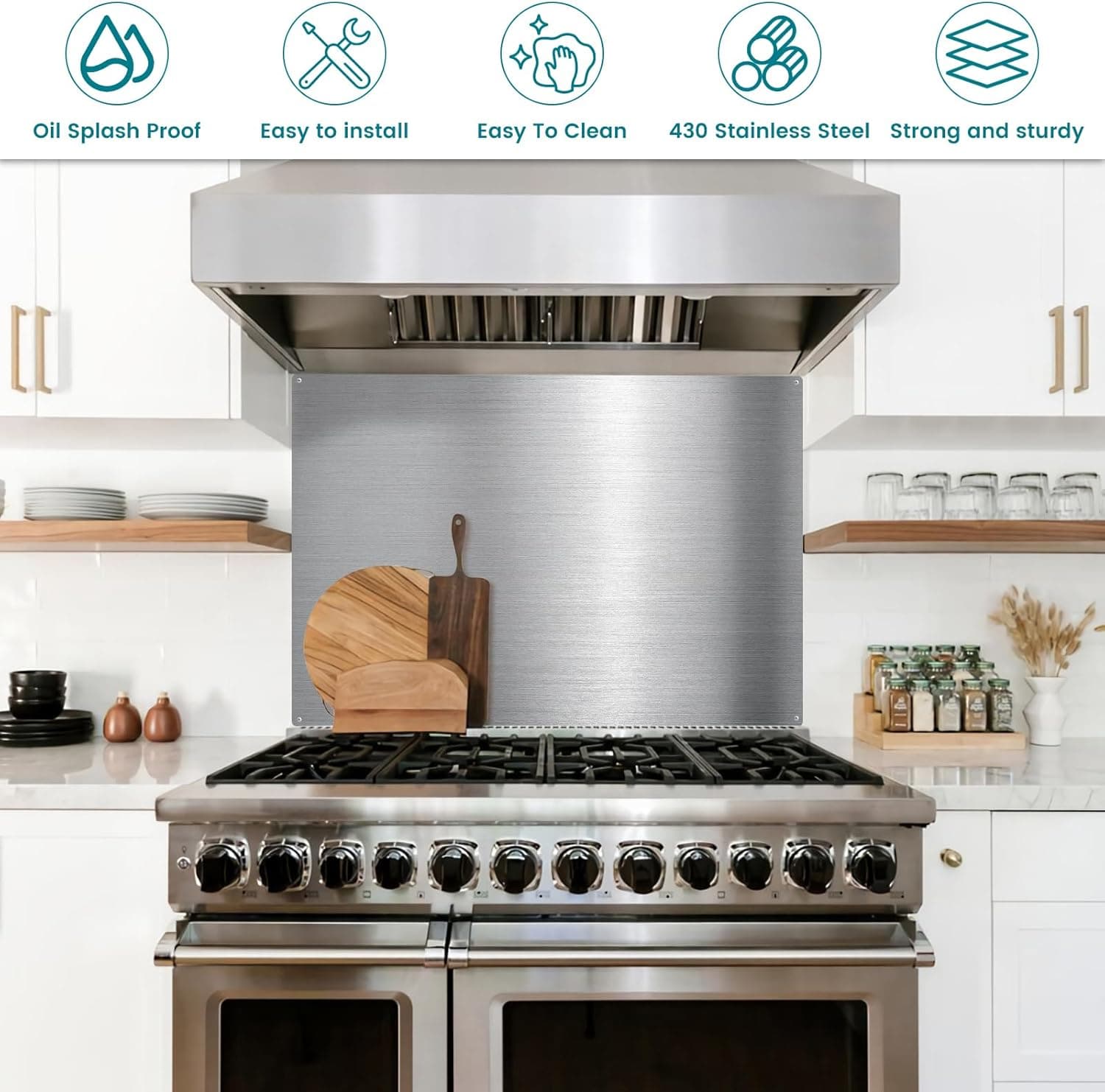 Stainless Steel Backsplash for Stove - Ultra Flat and Flushed Metal Panel Splatter Guard for Kitchen Wall, Stove Backsplash Panel with 4 Pre-Drilled Holes, Easy Install （29.5" x 24" ） Silver 29.5" x 24" - Image 5