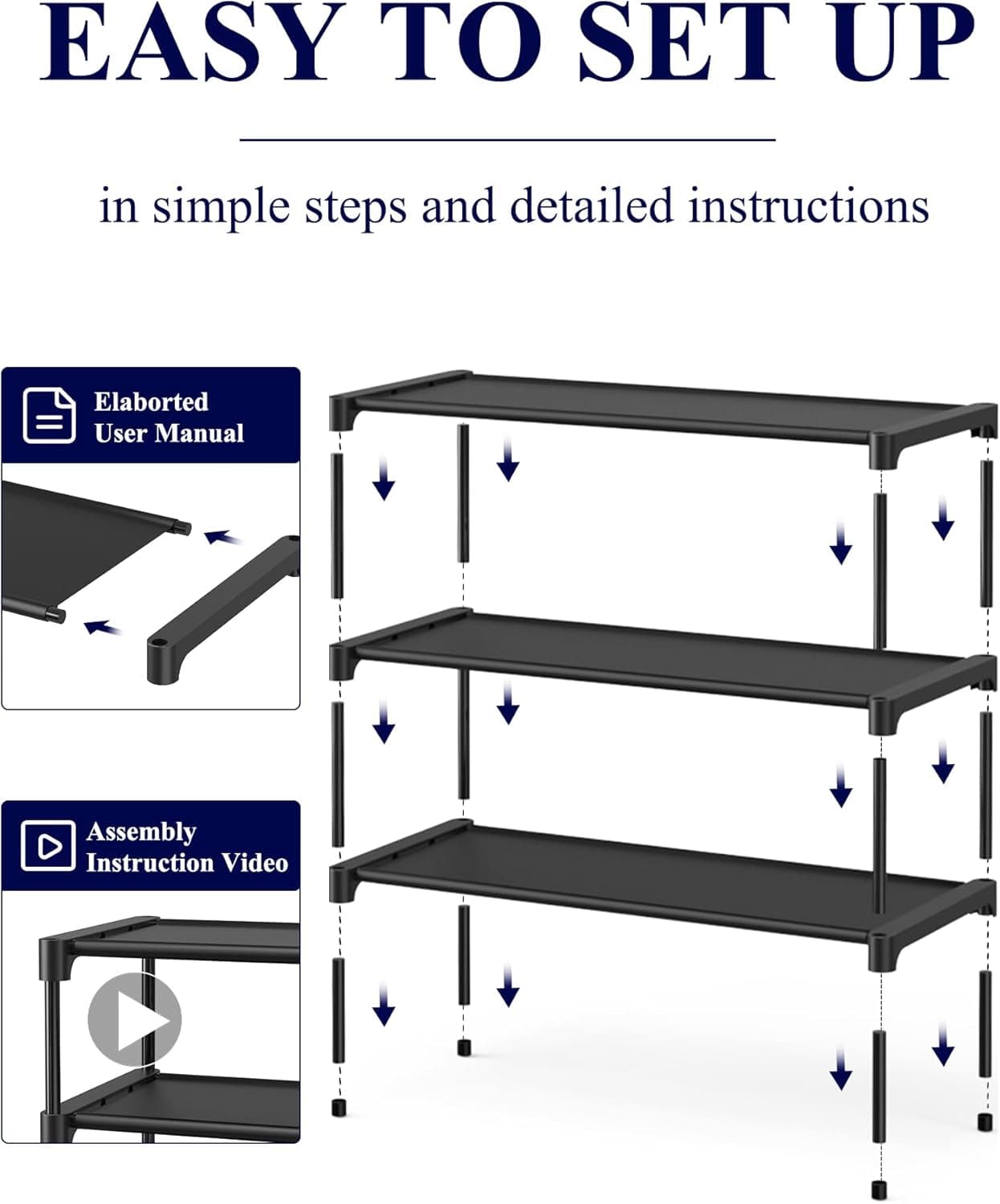 Kitsure Shoe Rack - Non-Woven Shoe Rack Shelf, Shoe Organizer for Closet, Entryway, Garage & Corridor, Stackable Shoe Shelves, 27.5" Wide - 3 Tier, Black Black 27.5" Wide - 3 Tier - Image 8