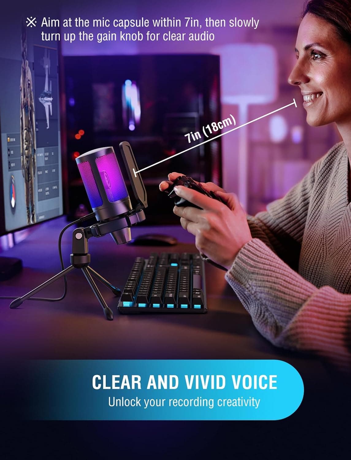 Micrófono USB para Gaming FIFINE para PC PS5, Micrófono de Condensador con Silencio Rápido, Indicador RGB, Soporte de Trípode, Filtro Antipop, Montaje de Choque, Control de Ganancia para Streaming Discord Twitch Podcasts Videos - AmpliGame Negro - Image 8