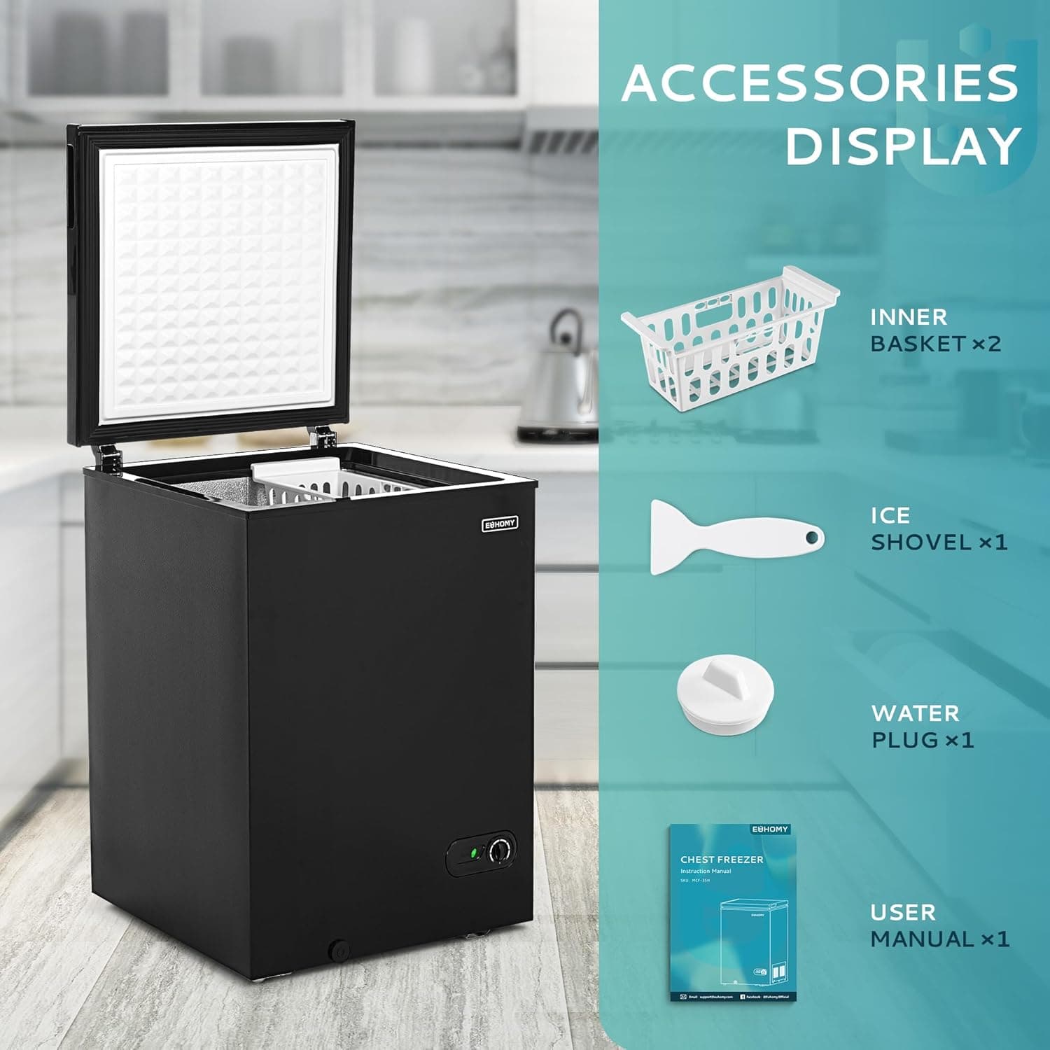 EUHOMY 3.5 Cu.Ft Chest Freezer with Removable Basket, Small Deep Freezer Adjustable 7 Thermostat, Quiet Mini Freezer Free-Standing Top Door, Energy Saving for Apartment/Garage/Basement/Dorm/Home,Black - Image 8