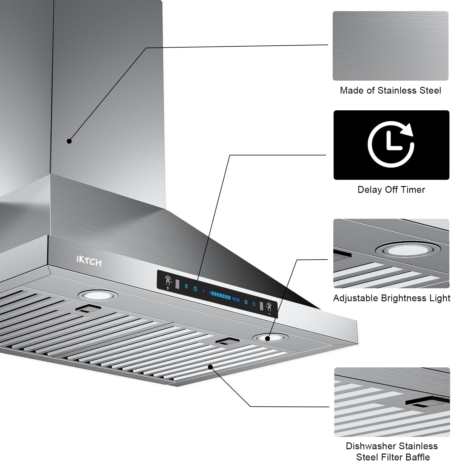 IKTCH 30-inch Wall Mount Range Hood 900 CFM Ducted/Ductless Convertible, Kitchen Chimney Vent Stainless Steel with Gesture Sensing & Touch Control Switch Panel, 2 Pcs Adjustable Lights(IKP02-30'') 30" 900CFM Stainless Steel - Image 7