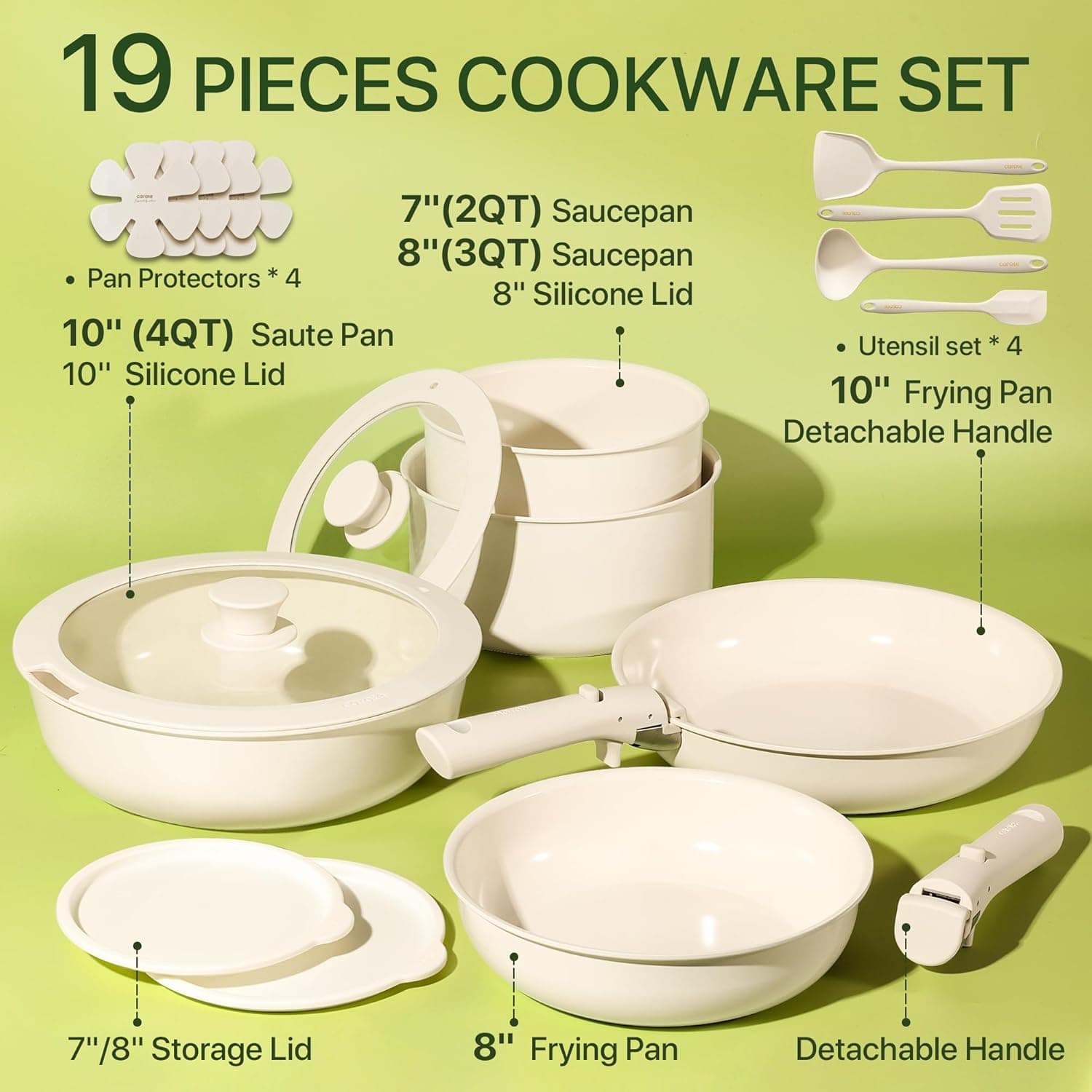 CAROTE 19pcs Pots and Pans Set Non Stick, Ceramic Cookware Sets, Oven/Fridge Safe, Space Saving Pots Set, Nonstick Cooking Set with Versatile Detachable Handle, Induction RV Set, Cream White - Image 3