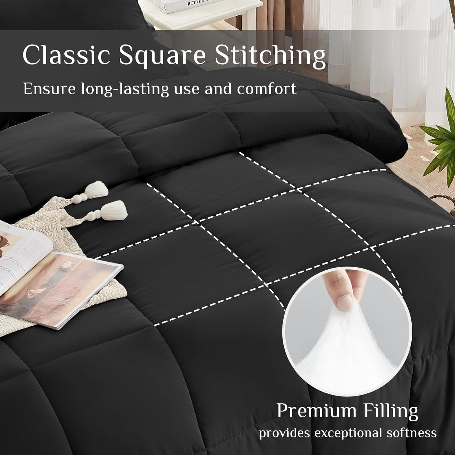 JOLLYVOGUE Queen Comforter Set, Ultra-Soft Bed in a Bag Queen Size 7 Pieces, Oeko-TEX Certified Bedding Set with Down Alternative Comforter, Sheets, Pillowcases & Shams, Black Black QUEEN(88"*88") - Image 3