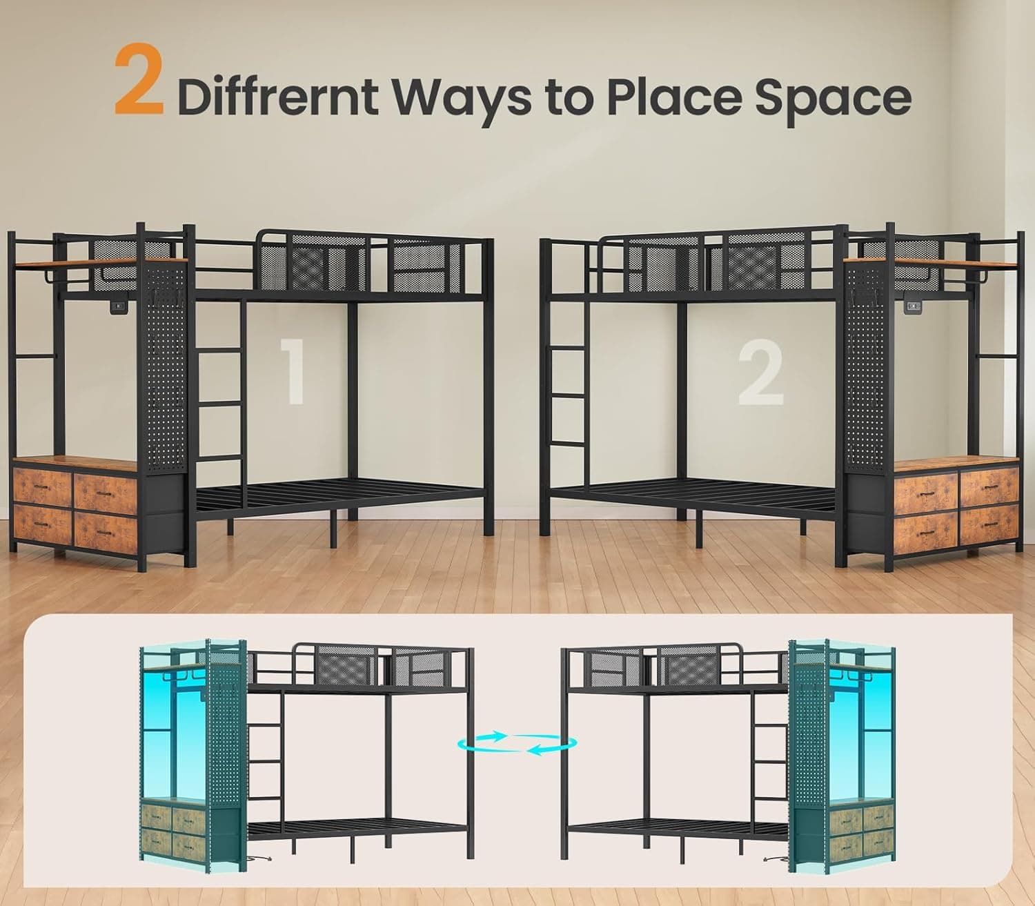Itaar Metal Bunk Bed Twin Over Twin with Hall Tree, Power Outlet, LED Bunk Bed with 4 Storage Drawers, Bed with Safety Guardrail & Ladders, No Box Spring Needed, Easy Assembly, Rustic Brown Twin Rustic Brown - Image 4