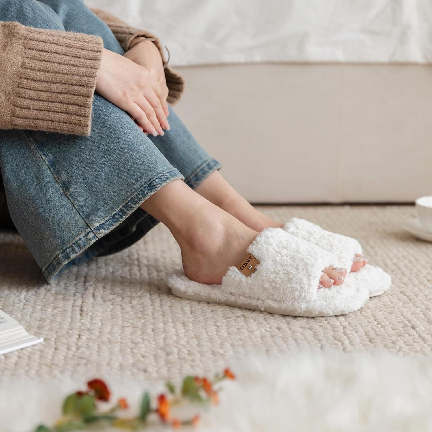 Fuzzy Open Toe Slippers for Women Indoor Cozy Memory Foam Slip On House Slides Shoes Gifts for Womens Her Mom White 7-8 - Image 3