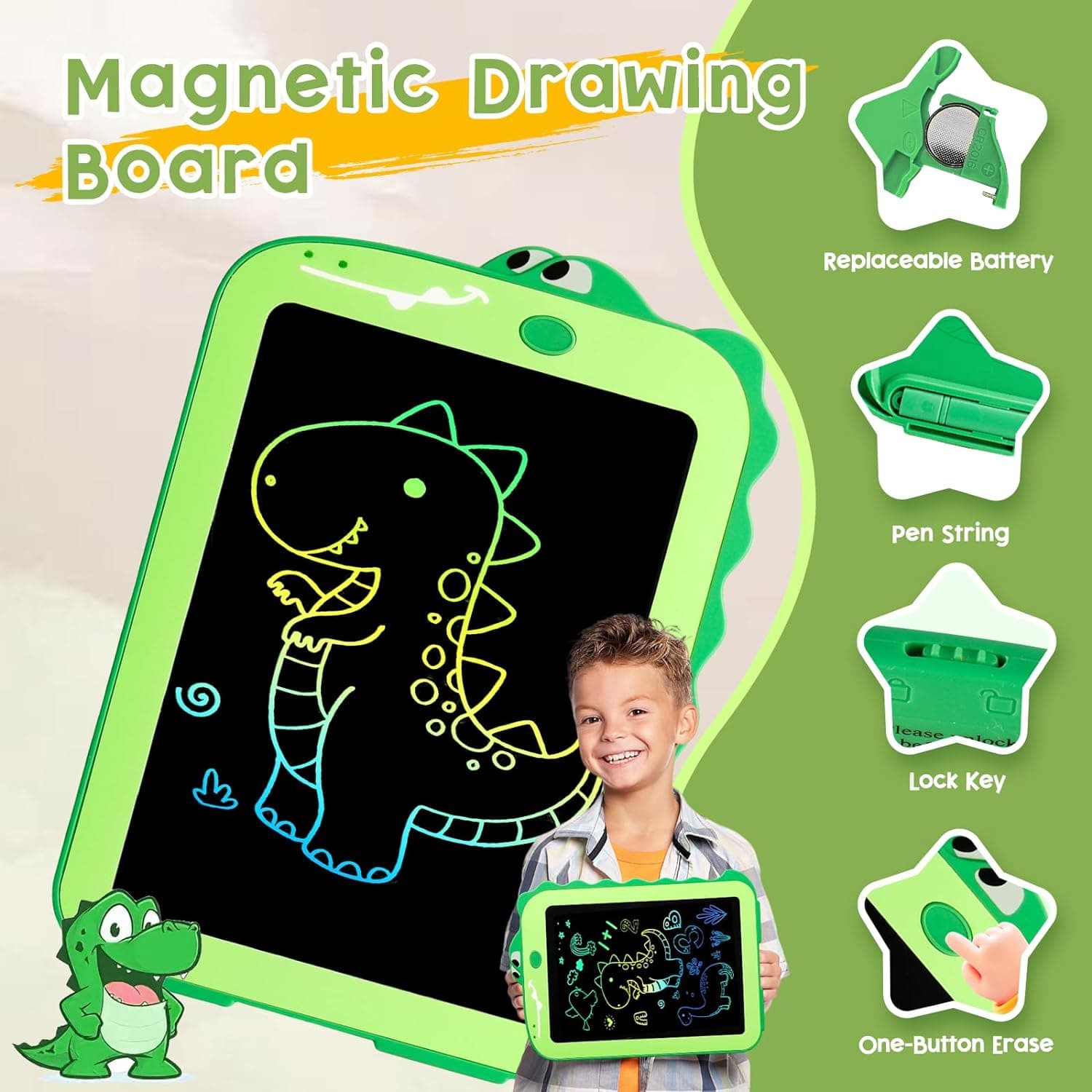LCD Writing Tablet for Kids, Colorful Toddlers Toys Drawing Board, Educational Kid Toys, Doodle Pad Dinosaur Toys for 3 4 5 6 7 8 Year Old Boys Girls Birthday Party Christmas Gifts,8.5inch Green Green - Image 5