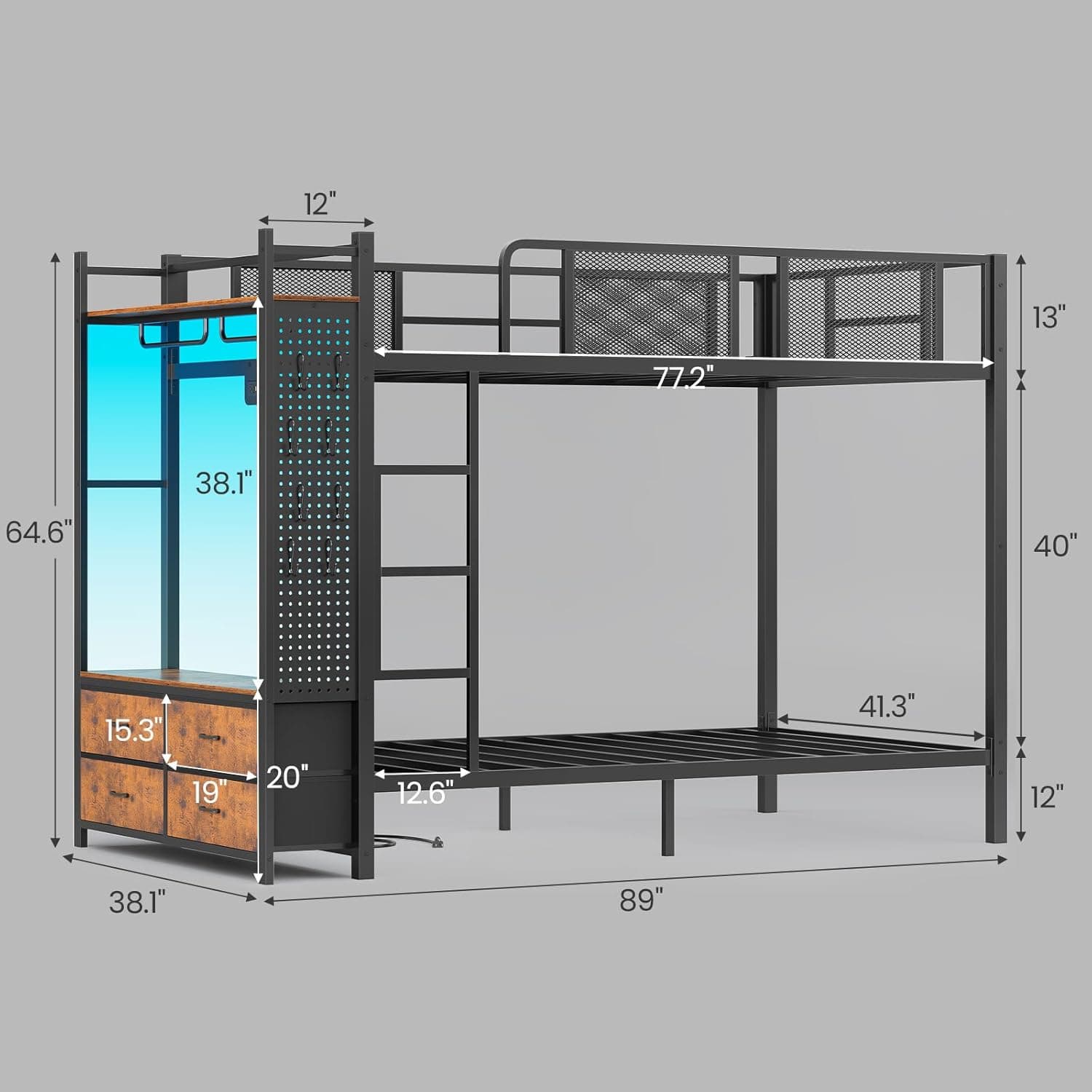 Itaar Metal Bunk Bed Twin Over Twin with Hall Tree, Power Outlet, LED Bunk Bed with 4 Storage Drawers, Bed with Safety Guardrail & Ladders, No Box Spring Needed, Easy Assembly, Rustic Brown Twin Rustic Brown - Image 2