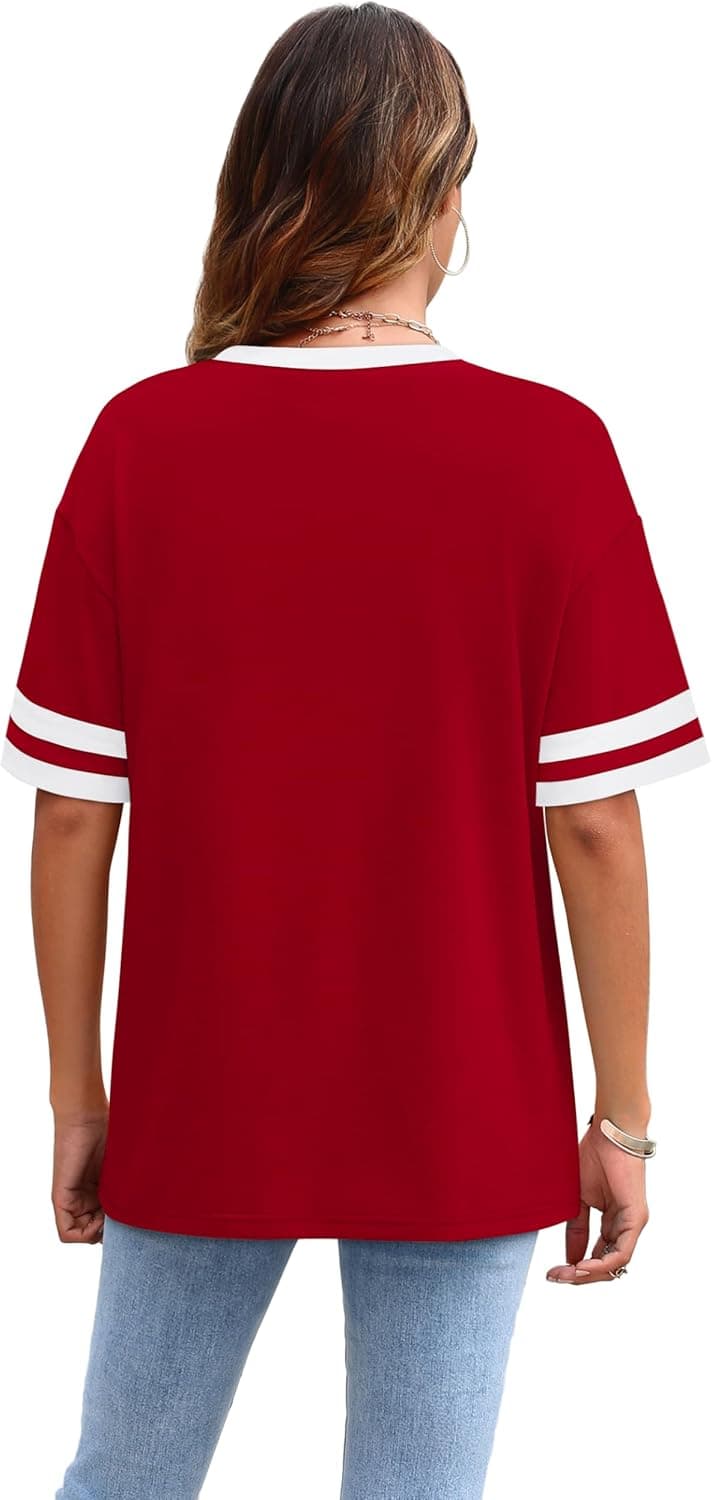 WIHOLL Womens T Shirts Loose Fit Short Sleeve Tees Crew Neck Color Block Summer Tops 2025 Fashion 03 - Red-2 XX-Large - Image 5