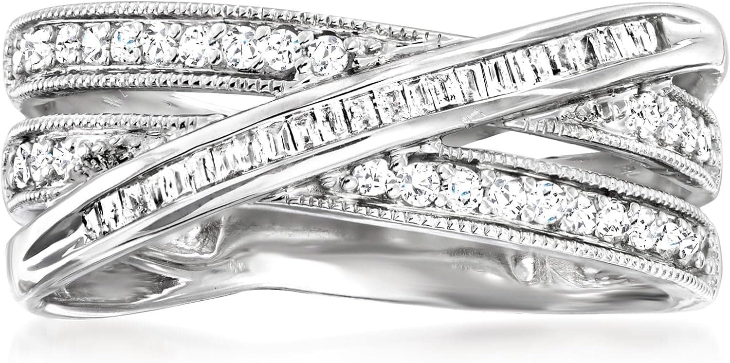 Ross-Simons 0.33 ct. t.w. Round and Baguette Diamond Crisscross Ring in Sterling Silver 7 Diamond - Image 2