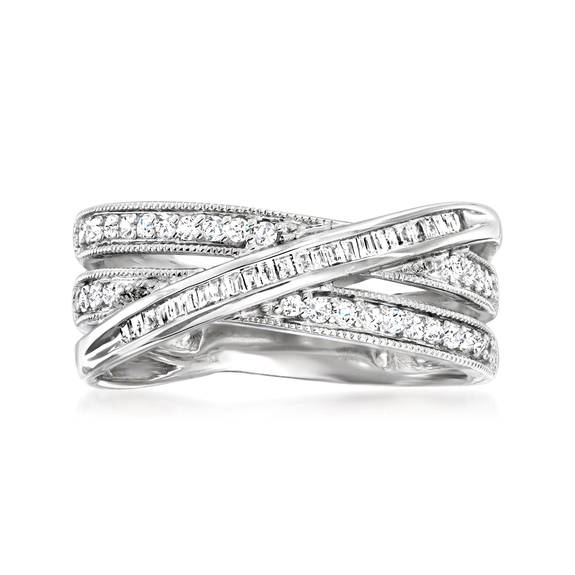 Ross-Simons 0.33 ct. t.w. Round and Baguette Diamond Crisscross Ring in Sterling Silver 7 Diamond
