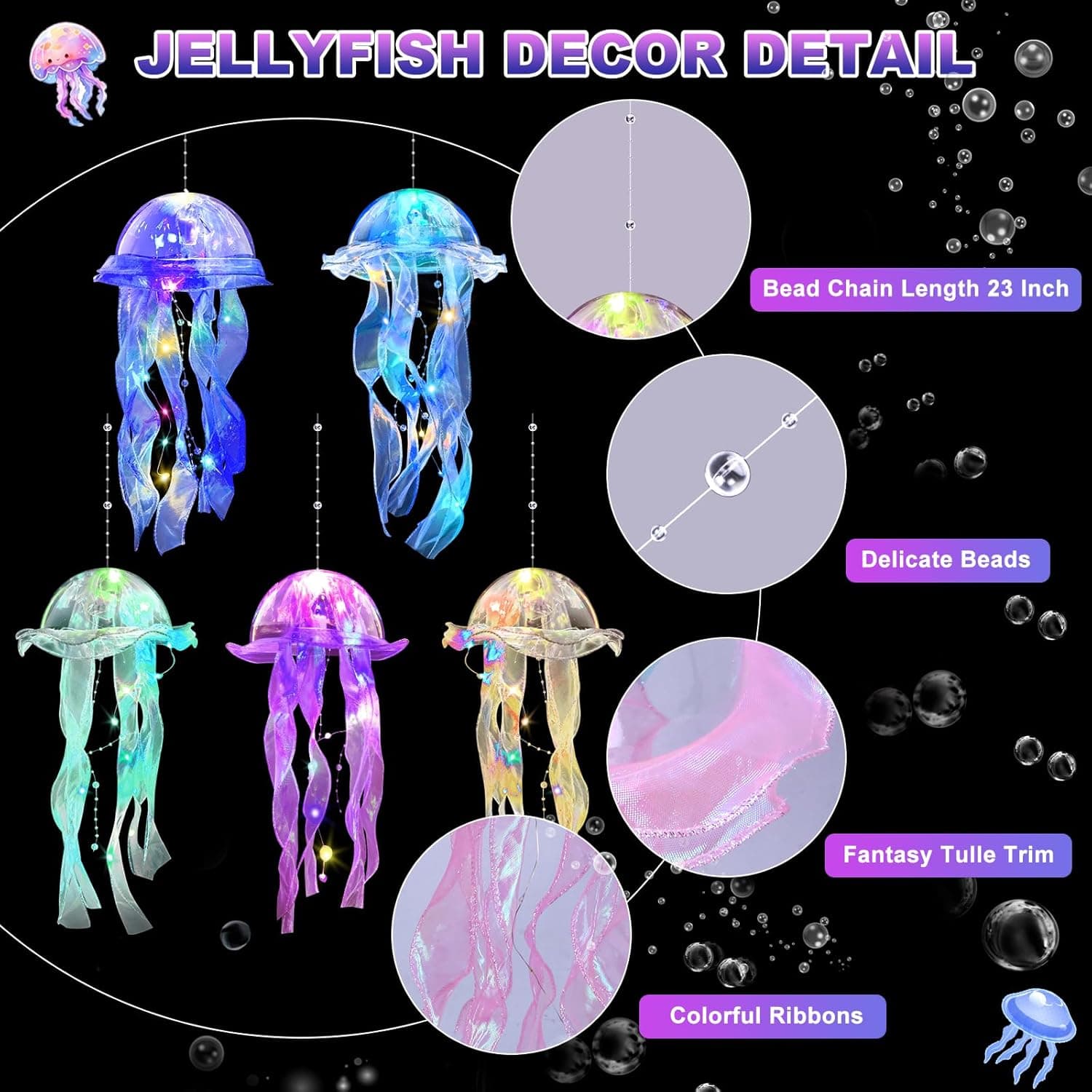 Jellyfish Decor, 10 Pcs Jellyfish Lanterns - Hanging Jelly Fish Decoration for Mermaid Theme Party & Under The Sea Party Decorations, Birthday Gift Supplies for Women Girls Baby (5 Colors) Yellow, Pink, Purple, Blue, Green - Image 6