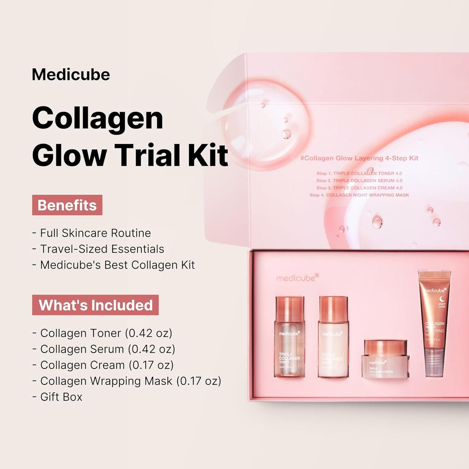 medicube Glass Skin Collagen Trial Kit | Korean Skincare Set and Kit | Gifts for women | 4-Step Skincare Set for glowy skin | Travel Size - Image 3