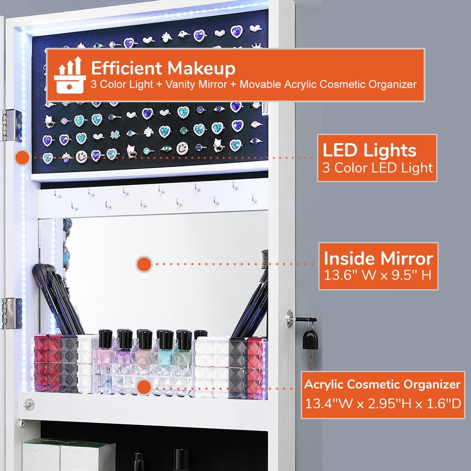 GISSAR Mirror Jewelry Cabinet, LED Lights Wall Mount Door Hanging Full Length Jewelry Organizer Armoire with Built-in Makeup Mirror and Jewelry Storage, Large Capacity Lockable Jewelry Armoire, White - Image 8