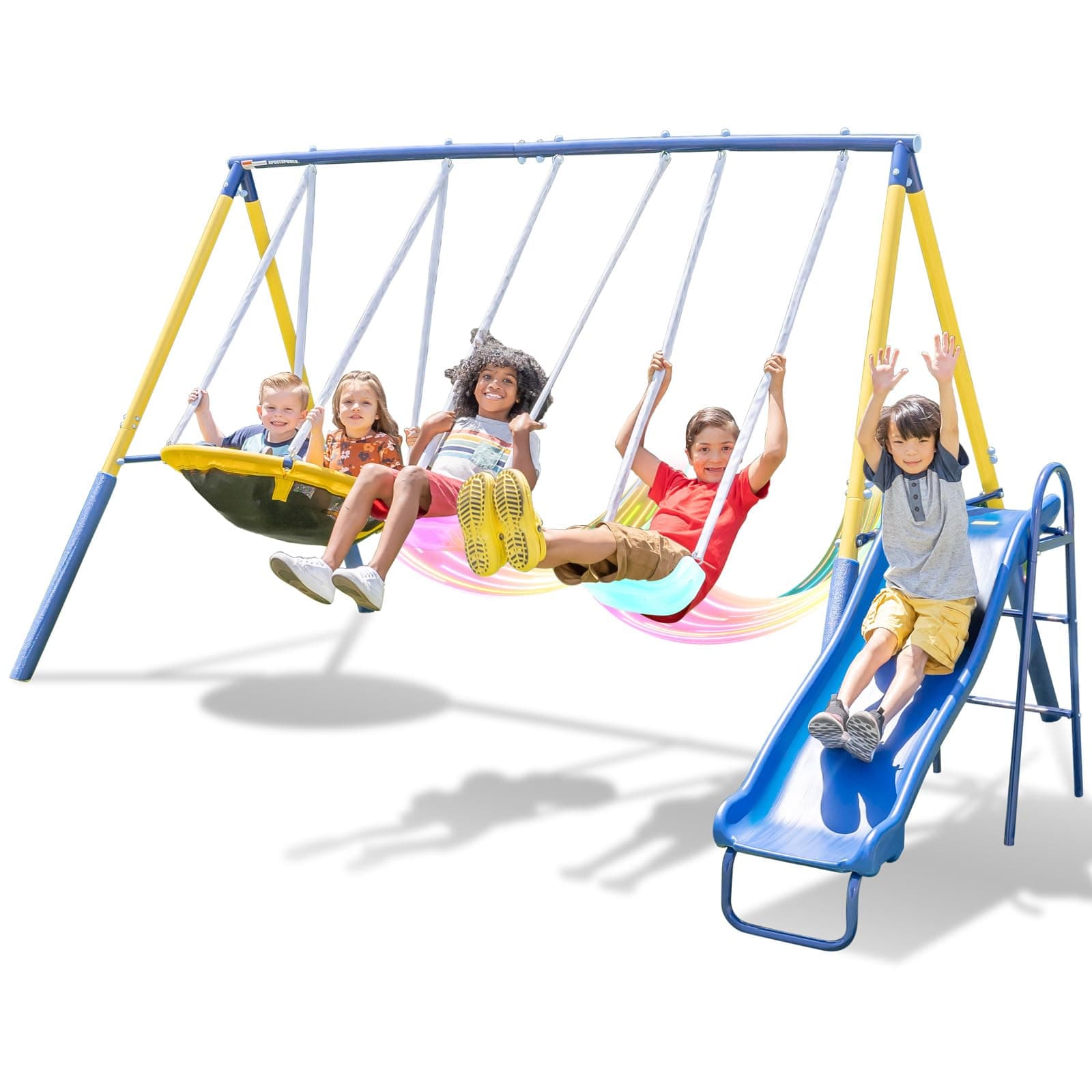 Sportspower Starlight Metal Swing Set with 2 LED Light-Up Swings, Saucer Swing & 5ft Slide – Outdoor Kids Playset with Sturdy Frame and Safety Features