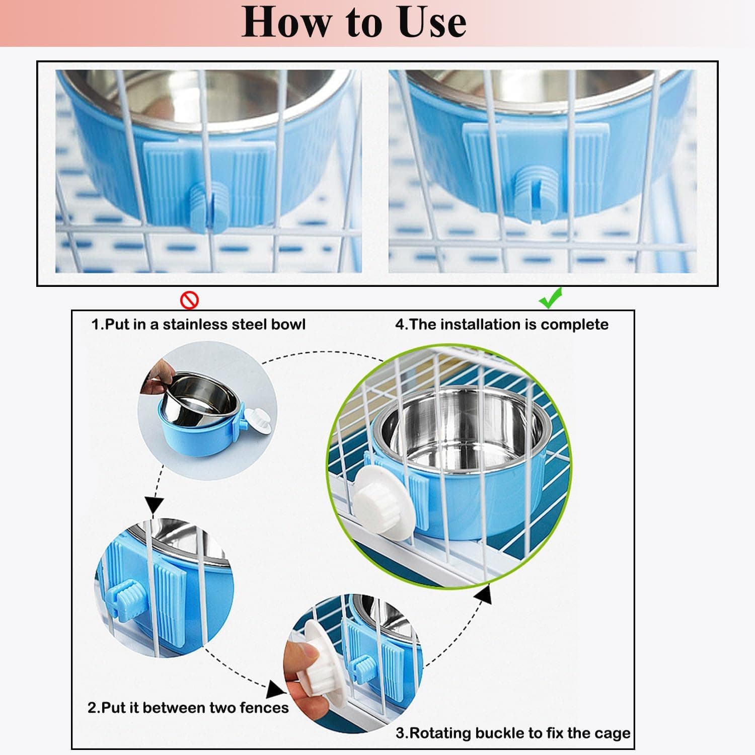 2 Pieces Crate Dog Bowl, Removable Stainless Steel Pet Kennel Hanging Food Water Feeder Bowl Cage Coop Cup for Puppy Medium Dog Cat Rabbit Ferret Bird (Blue,Red) - Image 6