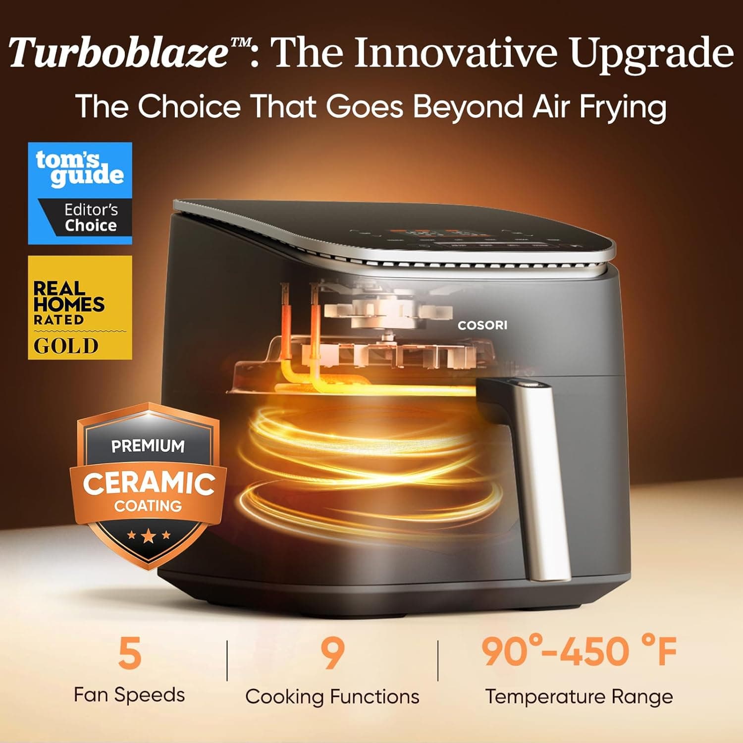 Cosori 9-en-1 TurboBlaze Friteuse à Air 6 Qt, Revêtement Céramique Premium, 90°–450°F, Chauffage Précis pour Résultats Uniformes, Friture à Air, Rôtir, Cuire au Four, Griller, Déshydrater, Congeler, Prouver, Réchauffer, Garder au Chaud, 120V Gris Foncé 6QT Friteuse à Air - Image 3