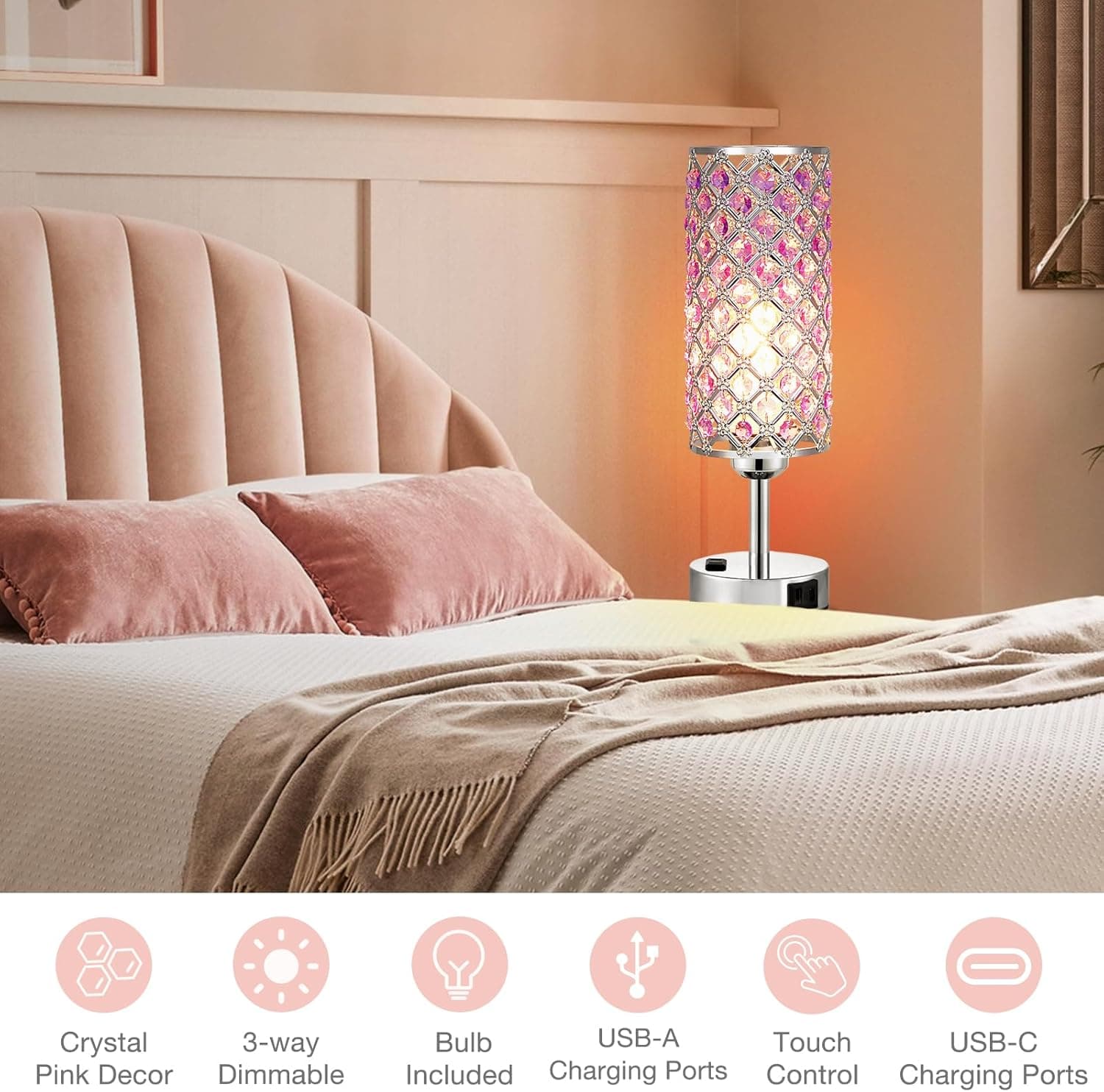 Hong-in Crystal Lamps Set of 2, 3 Way Dimmable Touch Lamp with Crystal Shade, Bedside Nightstand Lamps for Living Room Bedroom Home Office(Purple) - Image 7