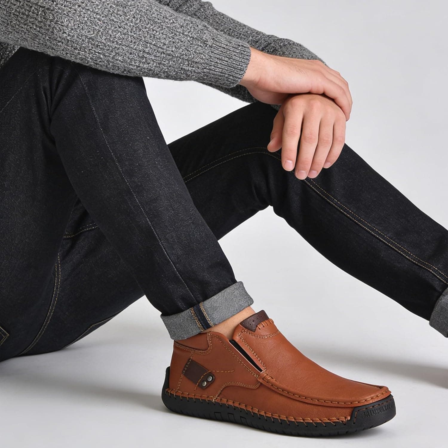 Amazon.com | MDIOEP Men’s Retro Leather Hand-Stitching Slip On Ankle Boots Fashion Moccasin Toe Comfortable Non-Slip Mid Top Chukka Boots Outdoor Casual Driving Walking Boots (brown,12.5) | Chukka - Image 2