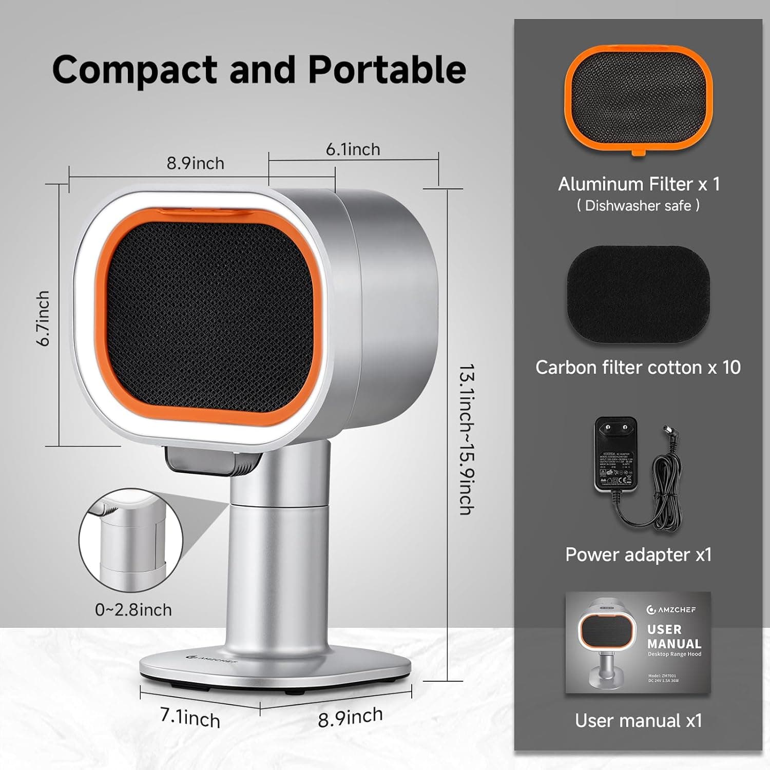 Portable Range Hood - 4-Speed Adjustable Exhaust Fan with Telescoping Height & 40° Tilt Low Noise 52dB, Large-Caliber Aluminum Filter + Oil Cup & 10 Carbon Cotton Filters for Indoor BBQ/Hot Pot/RV silver - Image 5