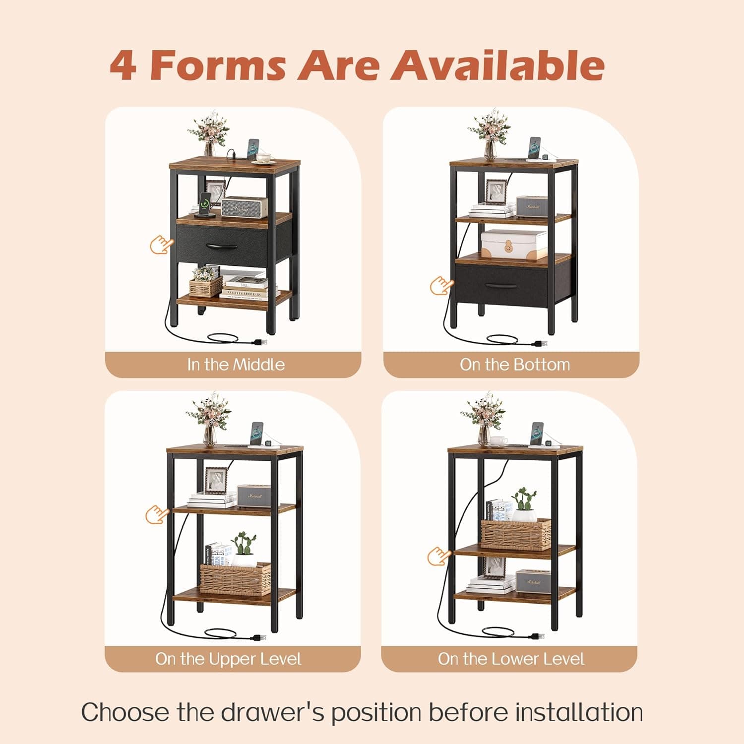 SUPERJARE Nightstand with Charging Station, Bed Side Table with Adjustable Fabric Drawer, Night Stand for Bedroom, 3-Tier Storage End Table, for Living Room, Rustic Brown and Black M (11.8"D x 15.7"W x 23.4"H) Rustic Brown and Black 1 - Image 6