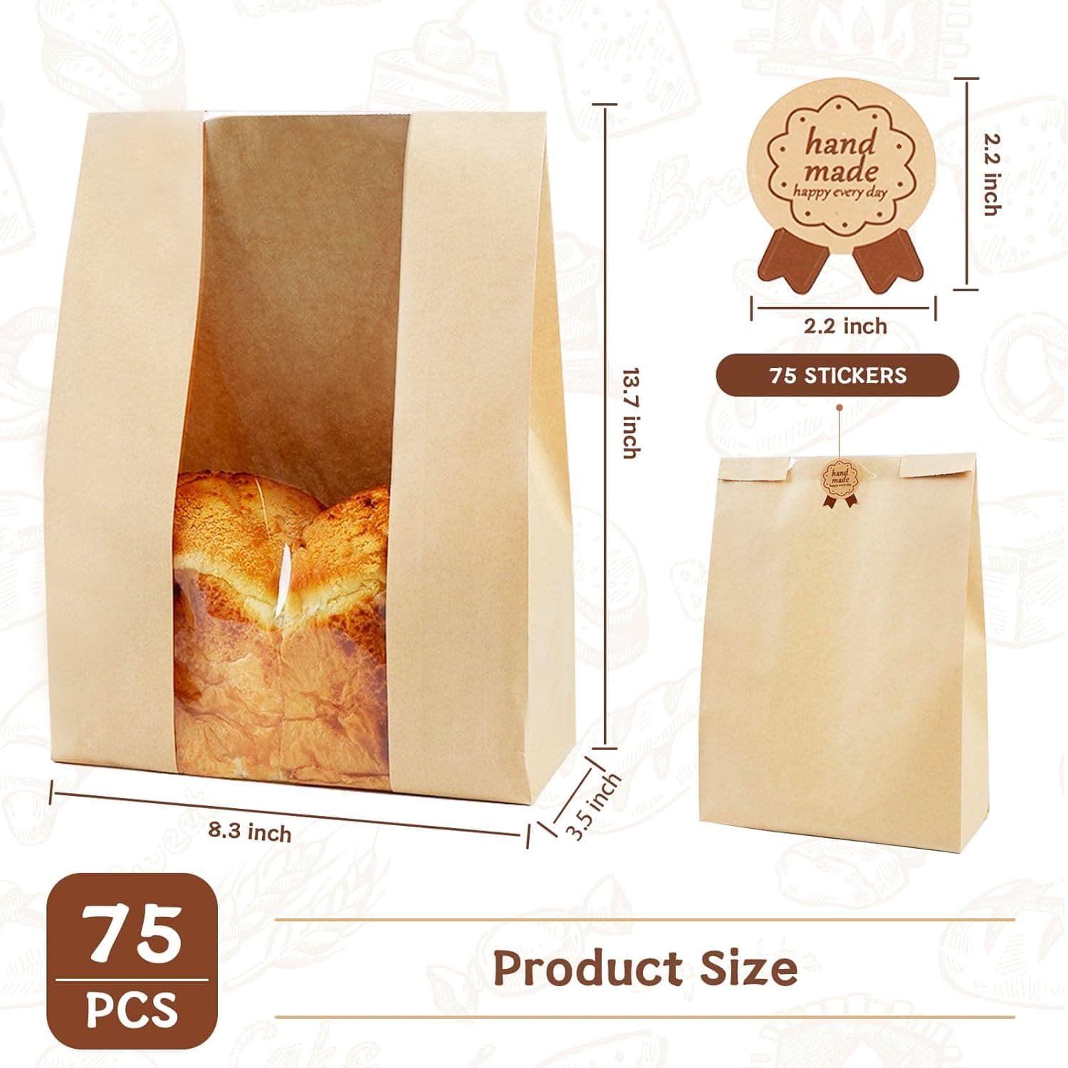 100 Pack Large 14x8.3x3.5in Bread Bags for Homemade Bread, Kraft Paper Bakery Bags with Clear Window & Tin Tie Lock, Thicker Cookie & Snack Storage Bags, Includes 100 Sealing Stickers - Image 3