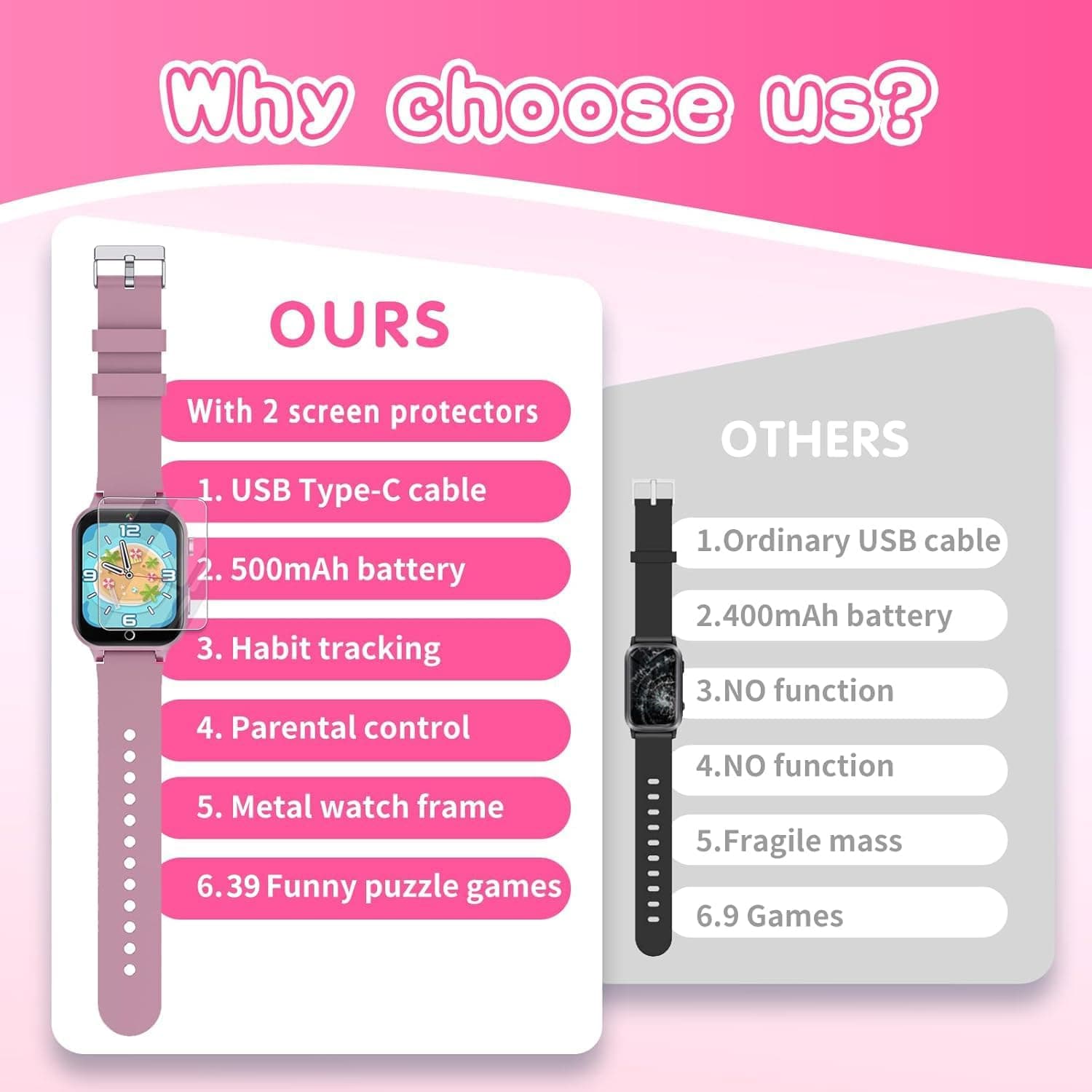 Kids Smart Watch Gift for Girls Age 5-12, 39 Games HD Touch Screen Watches with Video Camera Music Player Pedometer Flashlight 12/24 hr Educational Toys Birthday Gifts for Girls Ages 7 8 9 10 Pink - Image 6