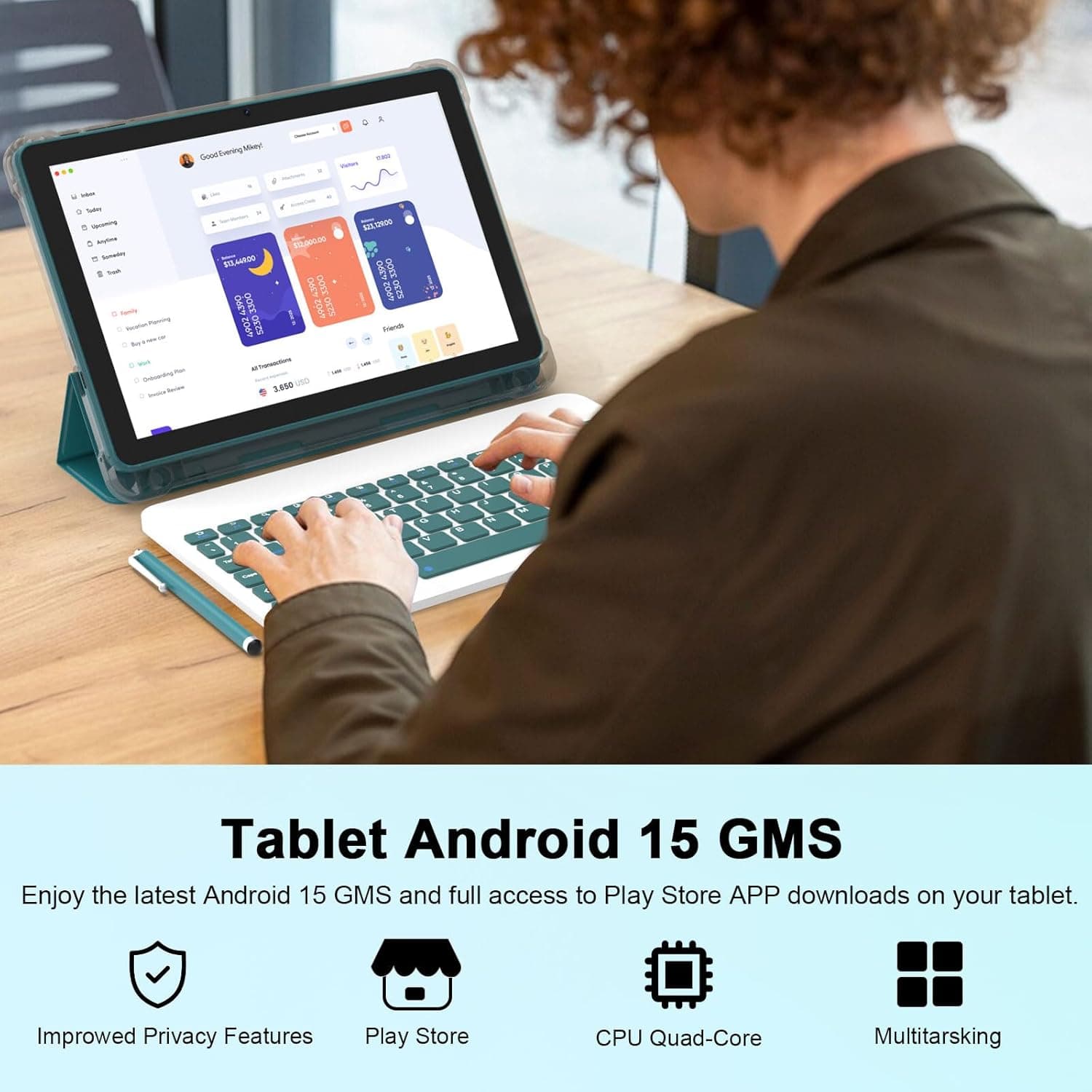 Android 15 Tablet 10 Inch, 20GB RAM+128GB ROM/ 2TB Expandable, 2.0GHz Quad-core Processor, 1280*800 HD Screen, 5G WiFi6 BT 5.0, 2 in 1 Tablets with Keyboard Case Mouse Stylus, Widevine L1 Blue NavyBlue - Image 5