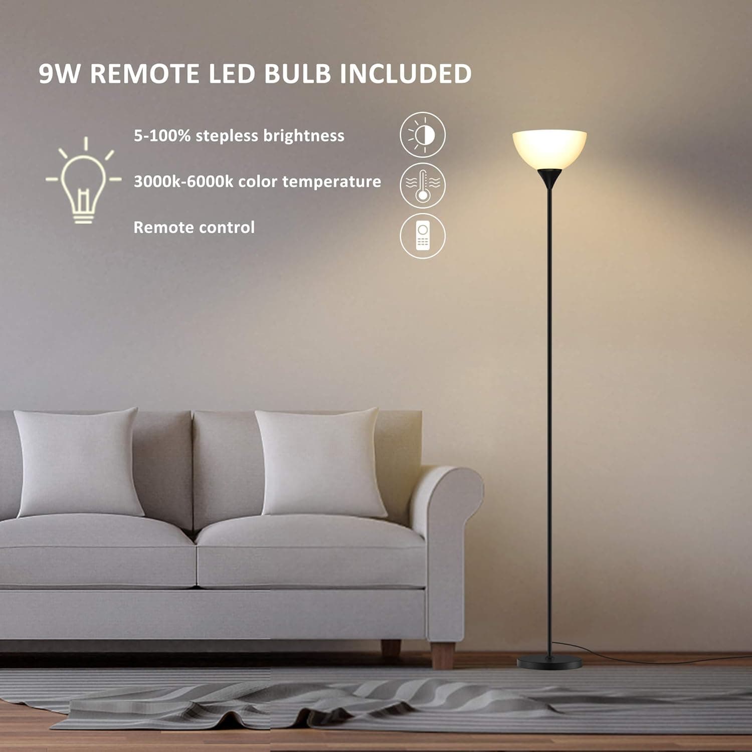 PESRAE Floor Lamp, Remote Control with Stpeless Color Temperatures and Brightness, Torchiere lamp for Bedroom, Living Room, Bulb Included (Matte Black) - Image 4