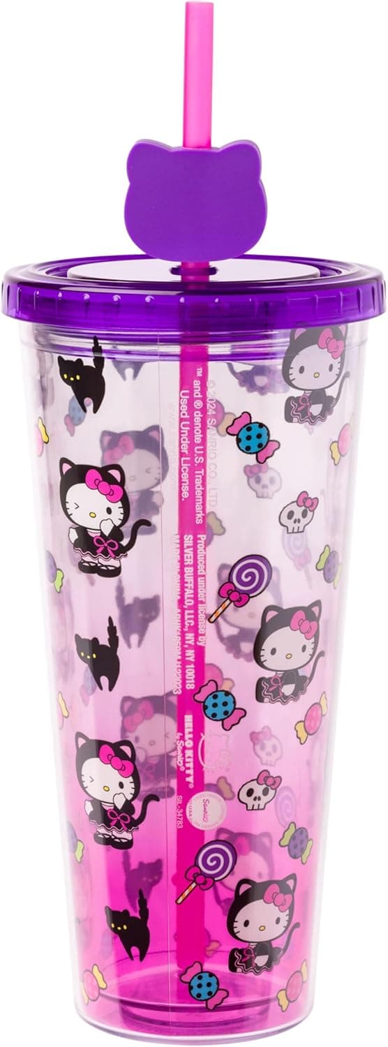 Silver Buffalo Sanrio Hello Kitty Halloween Costume Black Cat and Candy Plastic Cold Cup with Lid and Straw Topper, 24 Ounces Hello Kitty Black Cat Halloween 24 Ounces - Image 3