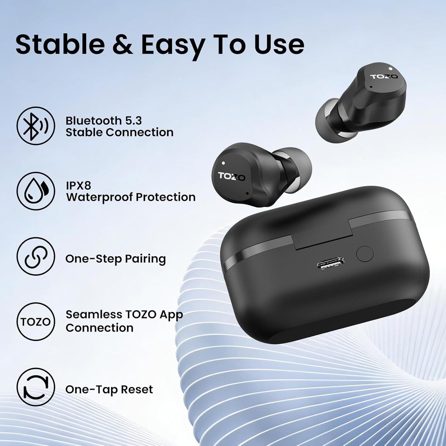 TOZO NC9 Hybrid Active Noise Cancelling Wireless Earbuds, 6 Mics ENC Clear Call, IPX8 Waterproof, in Ear Bluetooth 5.3 Headphones Stereo Bass Ear Buds 60H Playtime with LED Display 32 EQs via APP Dark Black Small Hybrid Active Noise Cancelling Wireless Earbuds - Image 9