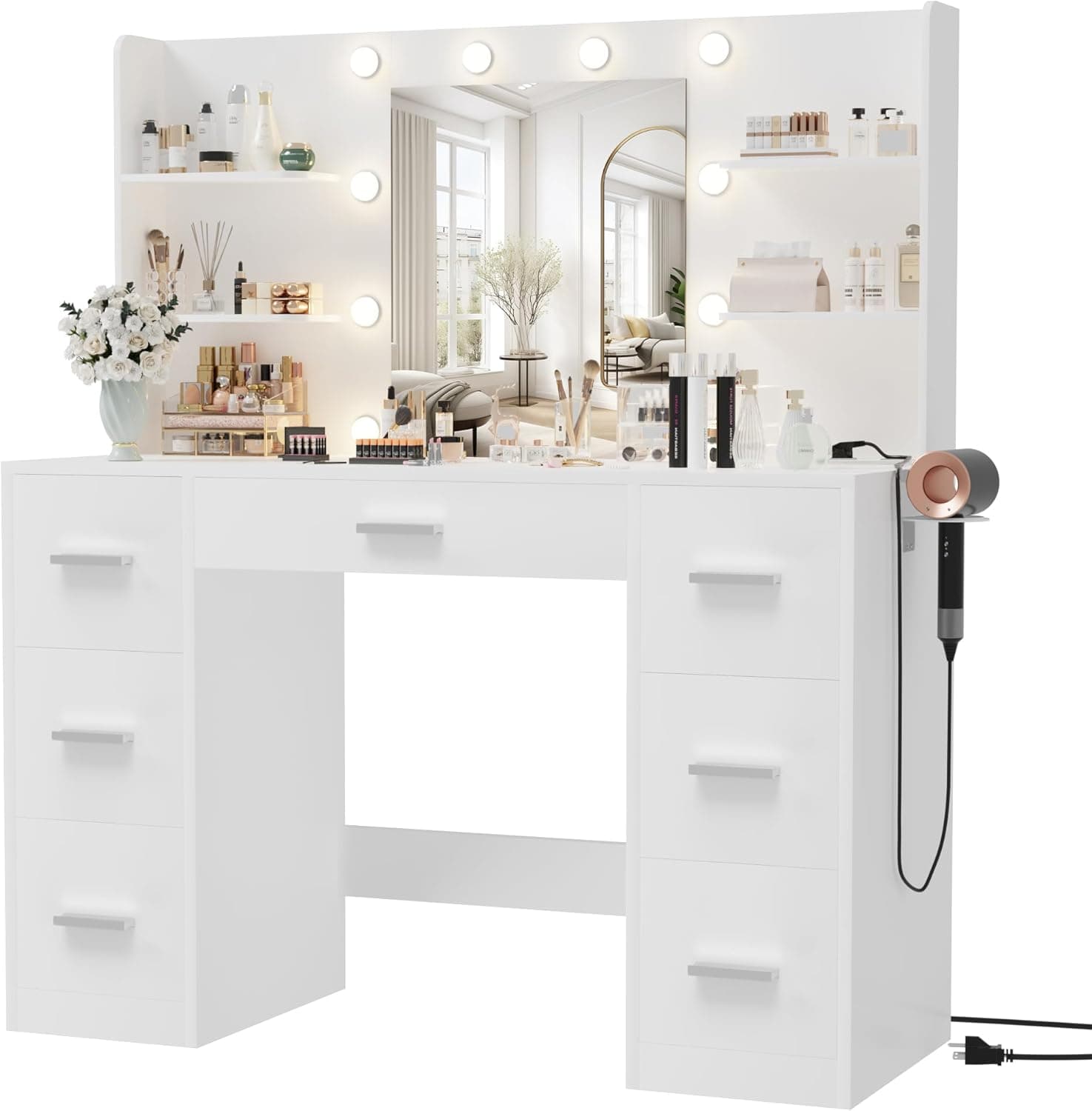Furmax Vanity Desk with Mirror, LED Lights and Power Outlet Makeup Vanity Table with 7 Drawers and 6 Storage Shelves Dressing Table for Bedroom Dressing Room (White) - Image 2