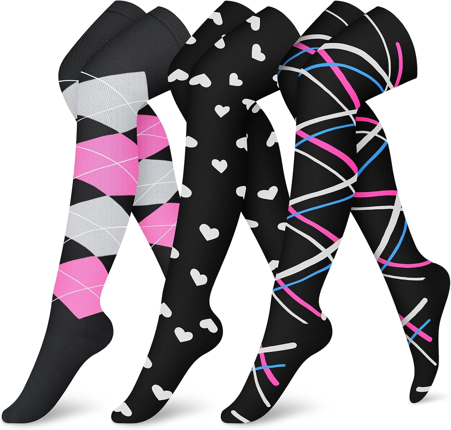 CHARMKING Compression Socks (3 Pairs) Knee High Compression Sock for Women & Men Stockings for Running, Cycling,Athletic Small-Medium 08 Pink/Pink/Black - Image 2
