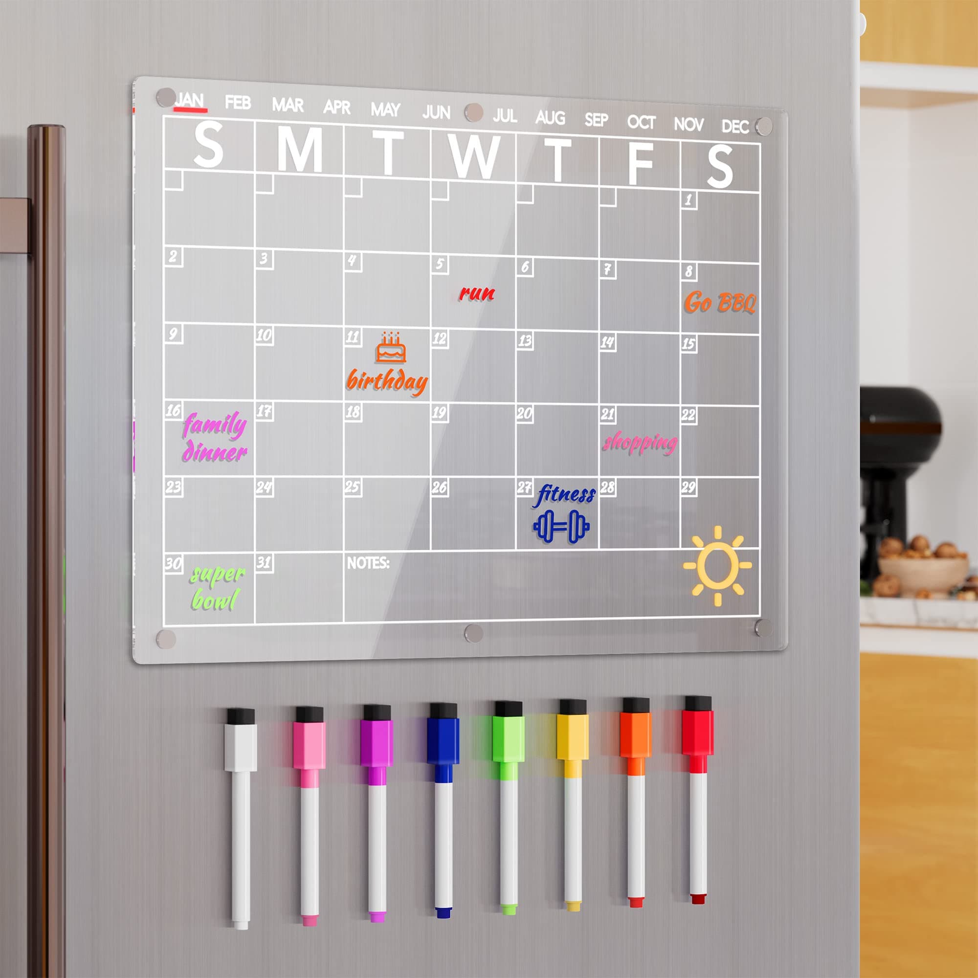 Acrylic Magnetic Dry Erase Board Calendar for Fridge, Clear Monthly Planner Whiteboard for Refrigerator, w/ 8 Colors Markers, 15"x11" 15"x11" Monthly