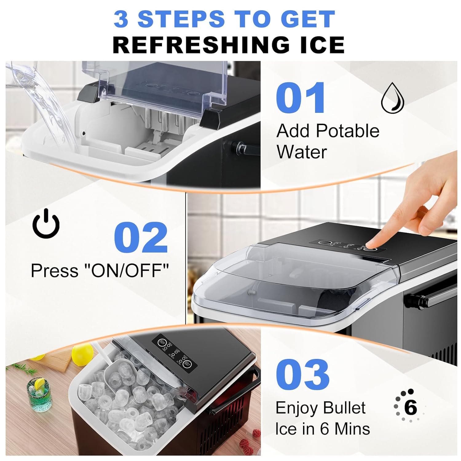 NEWBULIG Ice Makers Countertop with Handle, Portable Ice Machine, 9 Bullet Cubes in 6 Mins, 26lbs in 24Hrs, Auto-Cleaning, with Basket and Scoop, for Home, Kitchen, RV, Camping, Black Black Handle 12.5"*11.6"*8.8" - Image 6