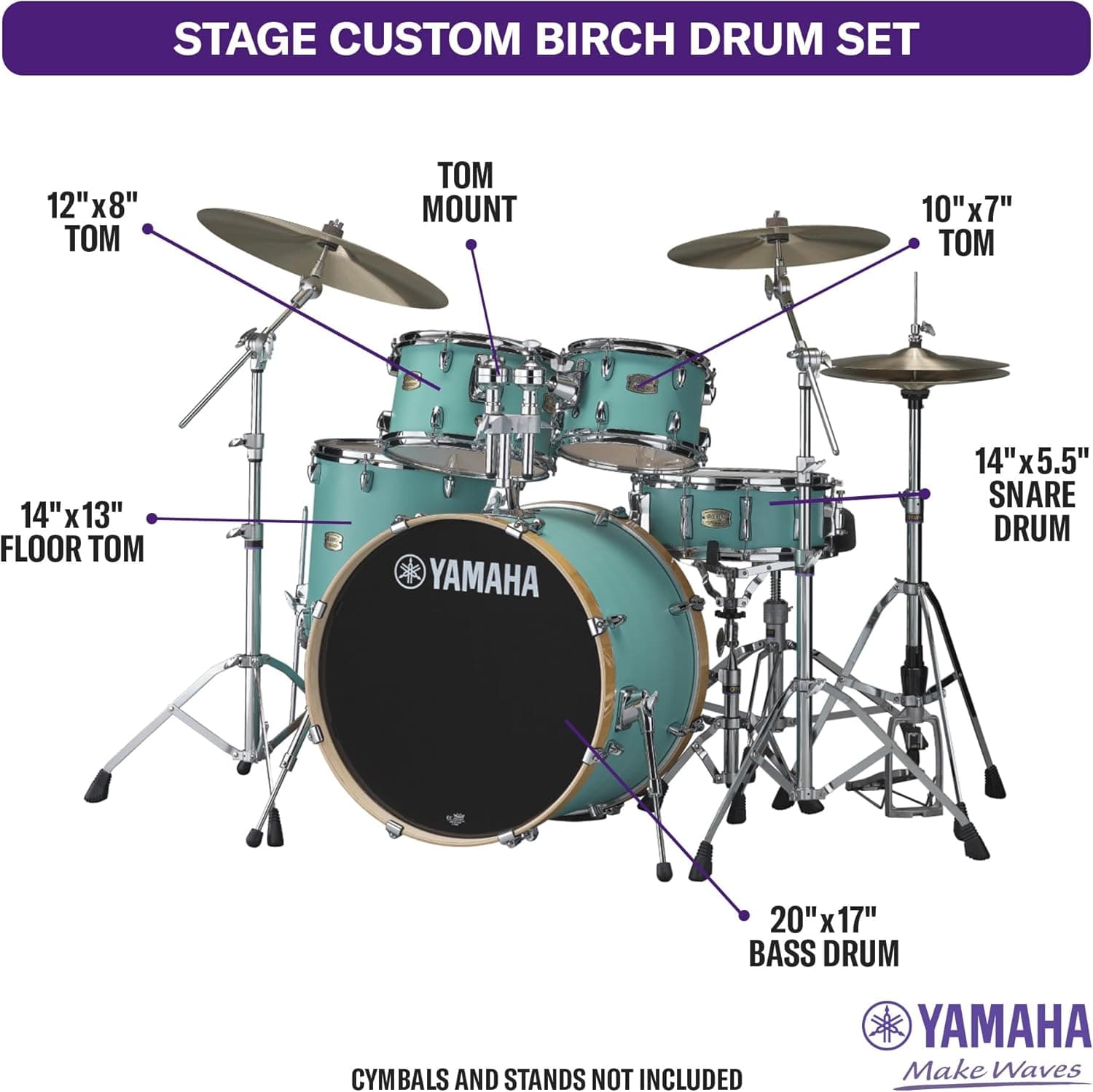 Yamaha Stage Custom Birch 5pc Shell Pack with a 20" Kick 14” Snare Drum in Matte Surf Green for Students and Working Drummers (SBP0F50MSG) 20" Kick Matte Surf Green Drum Shell Pack - Image 4
