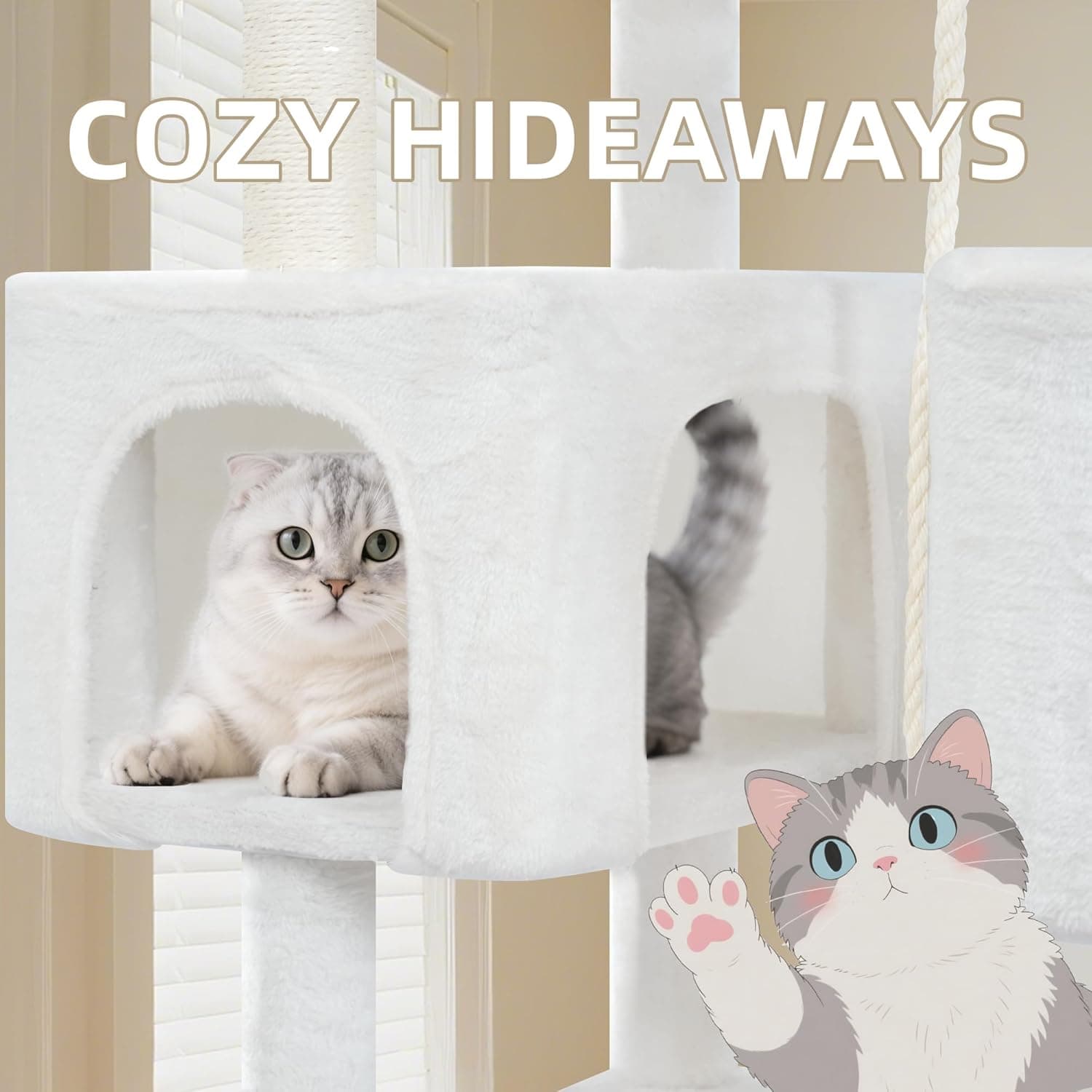 71in Multifunctional Multi-Level Cat Tree Tower for Indoor Cats,Cat Tree with Hammock,2 Condos,2 Hanging Baskets,2 Feather Toys,3 Perches,5 Hanging Balls,7 Scratching Posts,Beige 71" Beige - Image 6