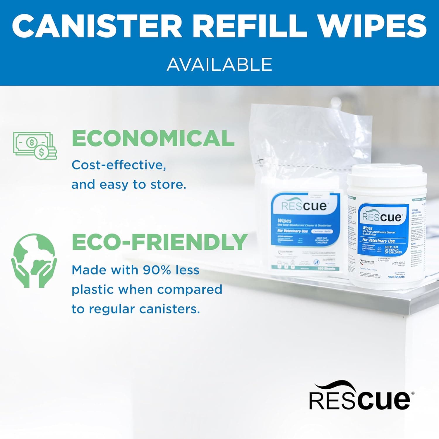 REScue One-Step Disinfectant Cleaner & Deodorizer Wipes for Vet Use – Cleaner for Kennels, Litter Boxes, Vet Offices, Pet Grooming Surfaces, Pet Items – Wipes Canister, 160-Count (Pack of 1) Canister (1 Pack) Wipes - Image 6