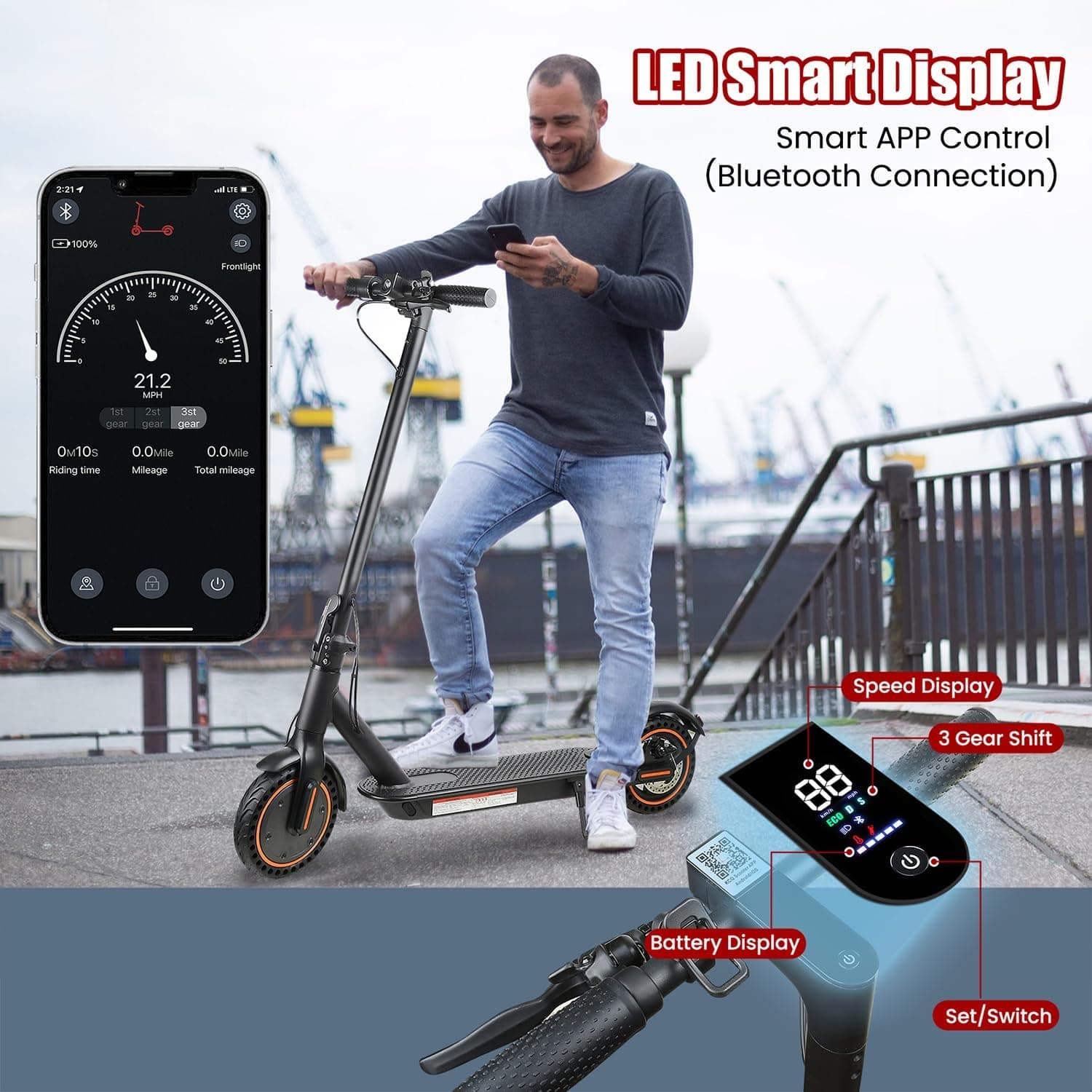 Electric Scooter for Adults, 8.5" Solid Tires, 350/500W Motor, 16/19MPH Max Speed & 12/21 Miles Range, Portable Foldable E-Scooter with Smart APP, Cruise Control, Dual-Brake System（Two Models） 500W/19Mph/19-21Miles - Image 6
