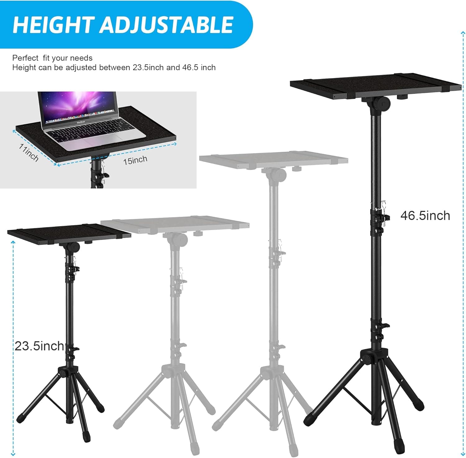 Adjustable Projector Stand Tripod, Laptop Height mula 23.5 hanggang 46.5 pulgada na may Gooseneck Phone Holder, Floor para sa Office, Home - Image 5