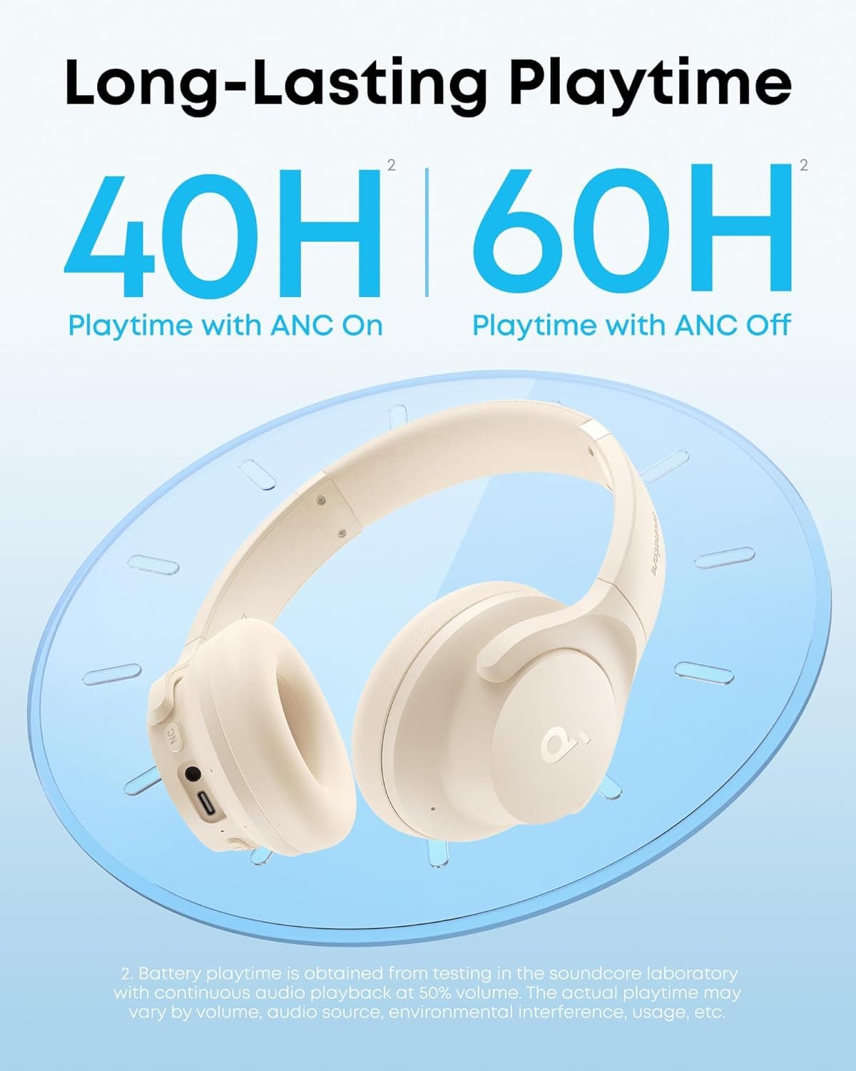 Soundcore by Anker Q20i Hybrid Active Noise Cancelling Headphones, Wireless Over-Ear Bluetooth, 40H Long ANC Playtime, Hi-Res Audio, Big Bass, Customize via an App, Transparency Mode (White) Almond White - Image 6