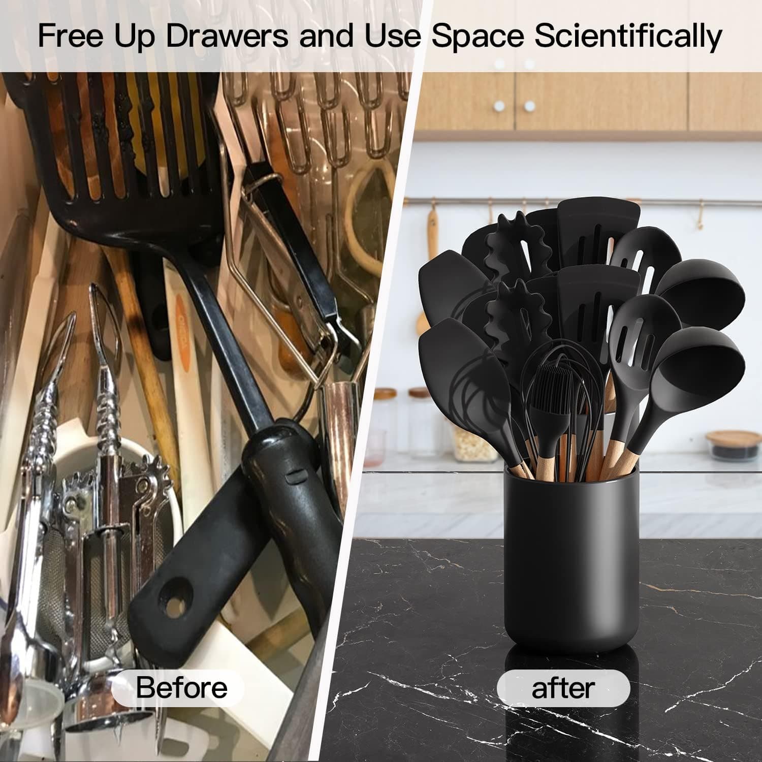 Black Kitchen Utensil Holder for Countertop, Matte Ceramic Utensils Crock for Kitchen Counter-top, Modern Spatula Holder, Cooking Utensil Holder Easy to Clean for Farmhouse 4.5×6.4 IN 6.4 INCH Black - Image 6
