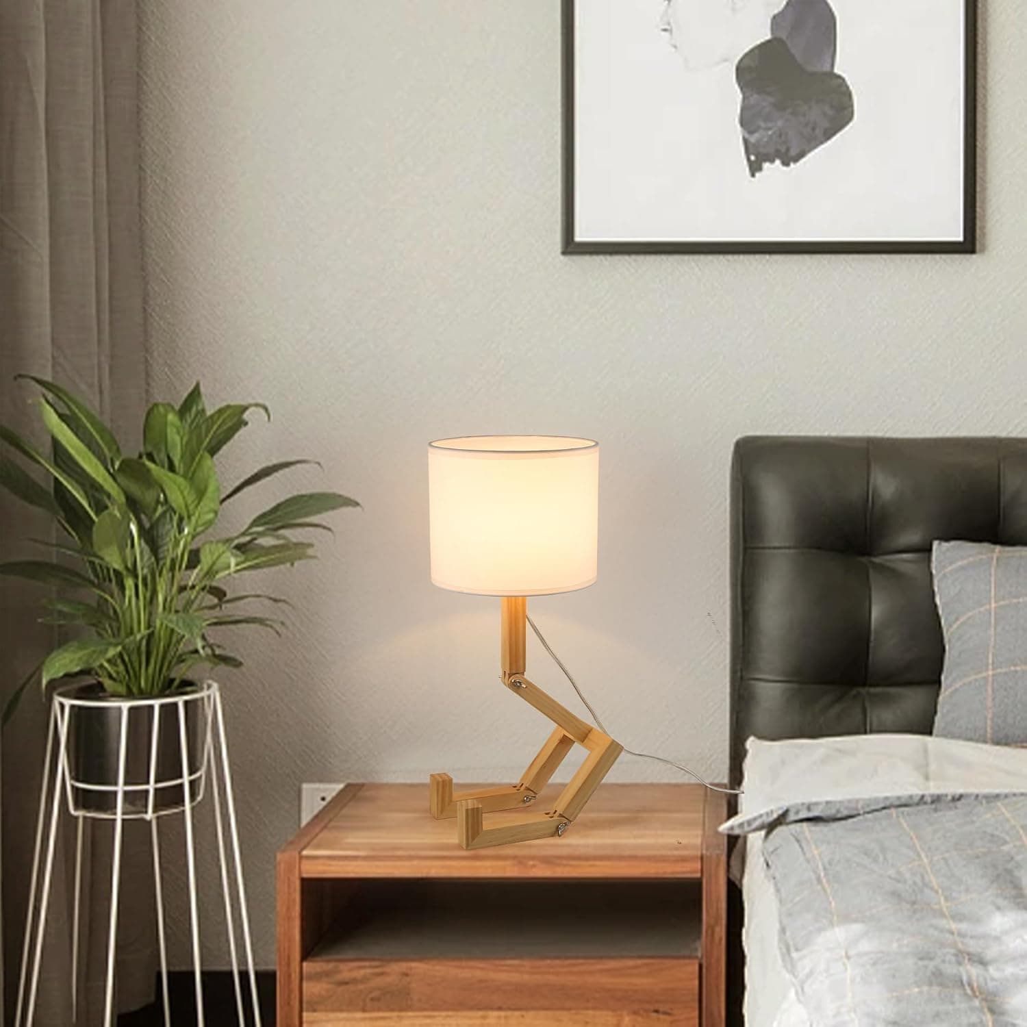 SUNLLOK Bedside Cute Table Lamp with Wood Changeable Base, Vintage White Farbic Lampshade Nightstand Lamp, Industrial Small Reading Desk Light Decor for Living Room, Kids Room, Ktichen Island - Image 7