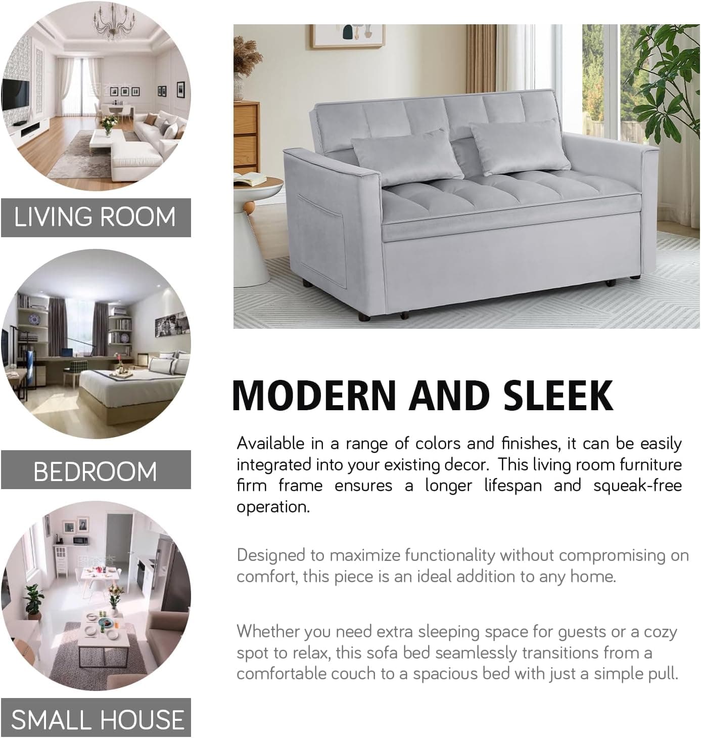 3 In 1 Velvet Convertible Sofa Bed, Pull Out Couch Bed with Reclining Backrest And 2 Pillows, 54" Full Size Loveseat Sleeper Sofa Futon Couch Beds, Couches For Small Spaces, Living Room (Silver Grey) - Image 8