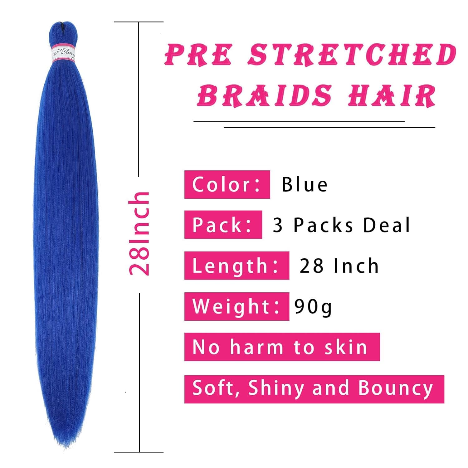 Col Bling Blue Braiding Hair Pre Stretched, 28 Inch Long Braid Hair Extensions for Women, Box Braids Hair Yaki Texture, Professional Synthetic, Softness, Knotless Easy to Install 28 Inch (Pack of 3) Blue - Image 3