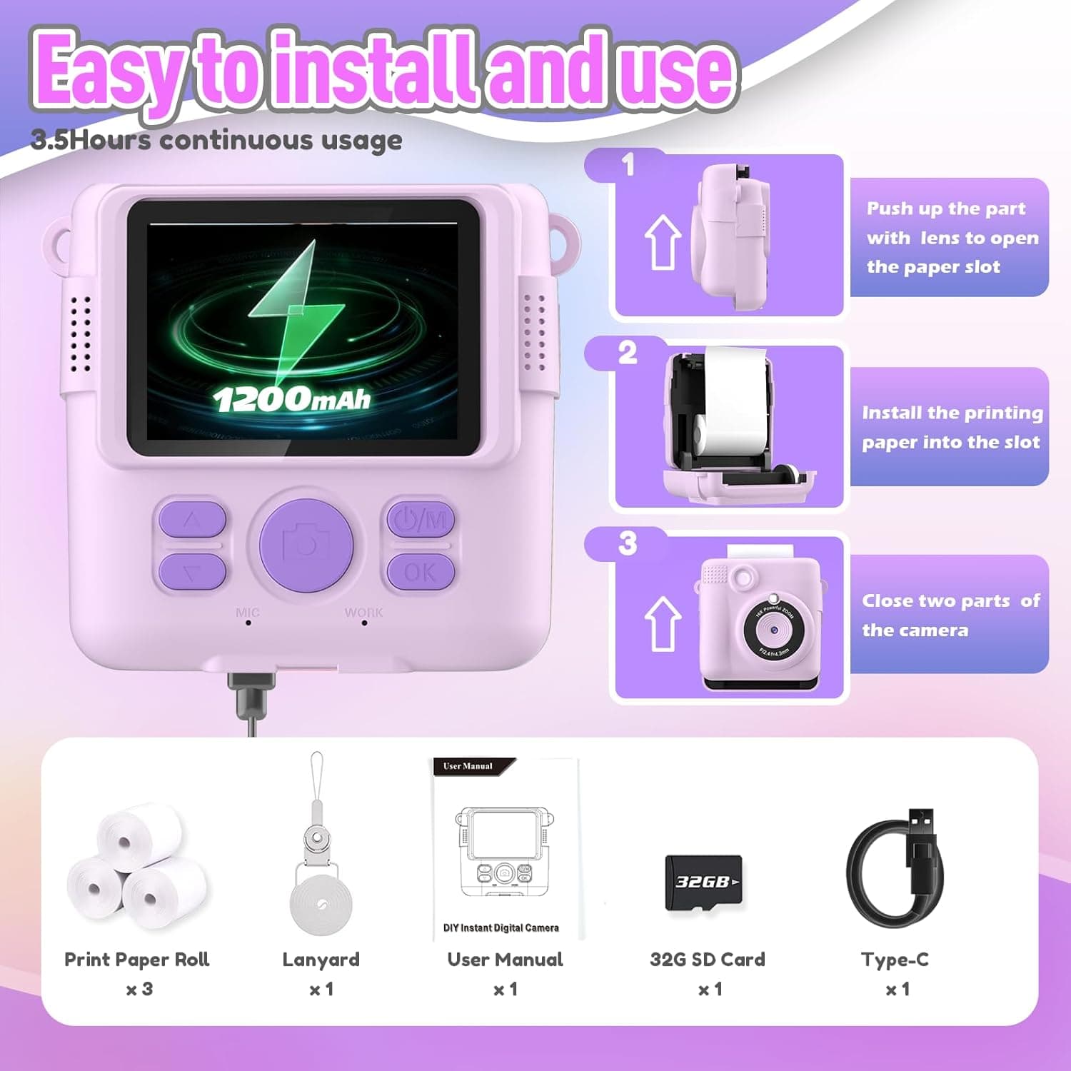 Instant Print Camera for Kids, Christmas Birthday Gifts for Girls Boys Age 3-12,Kids Digital Cameras for Toddler, Portable Toy for 3 4 5 6 7 8 9 10 Year Old Girl with 32GB SD Card-Purple - Image 6
